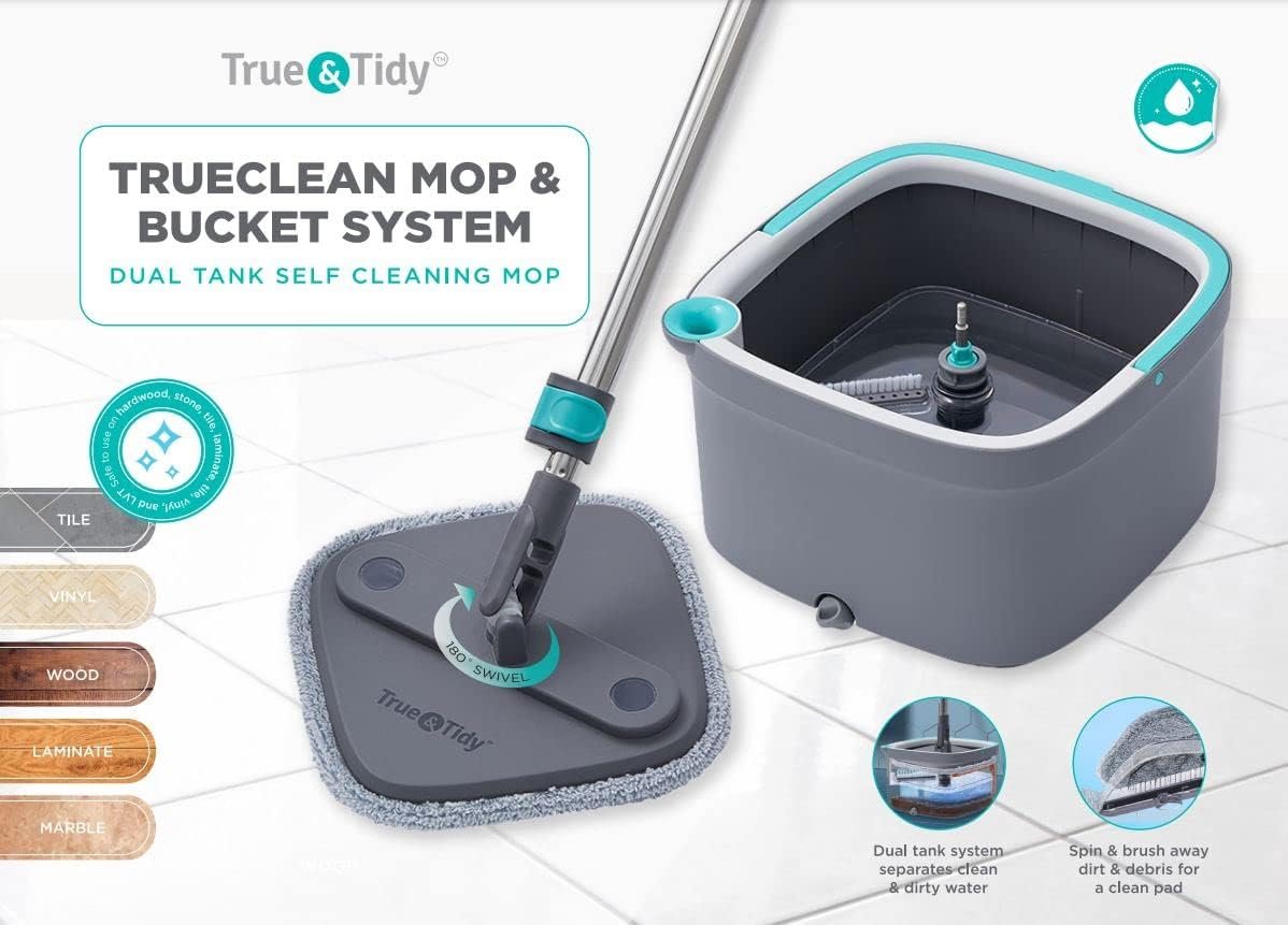 True & Tidy True Clean Mop and Bucket System, Includes Square Spin Mop, Dual Compartment Mop Bucket and 2 Thick Machine Washable Mop Pads (Spin Mop) - Image 3