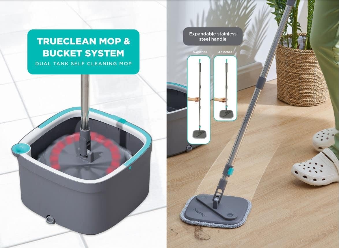 True & Tidy True Clean Mop and Bucket System, Includes Square Spin Mop, Dual Compartment Mop Bucket and 2 Thick Machine Washable Mop Pads (Spin Mop) - Image 4