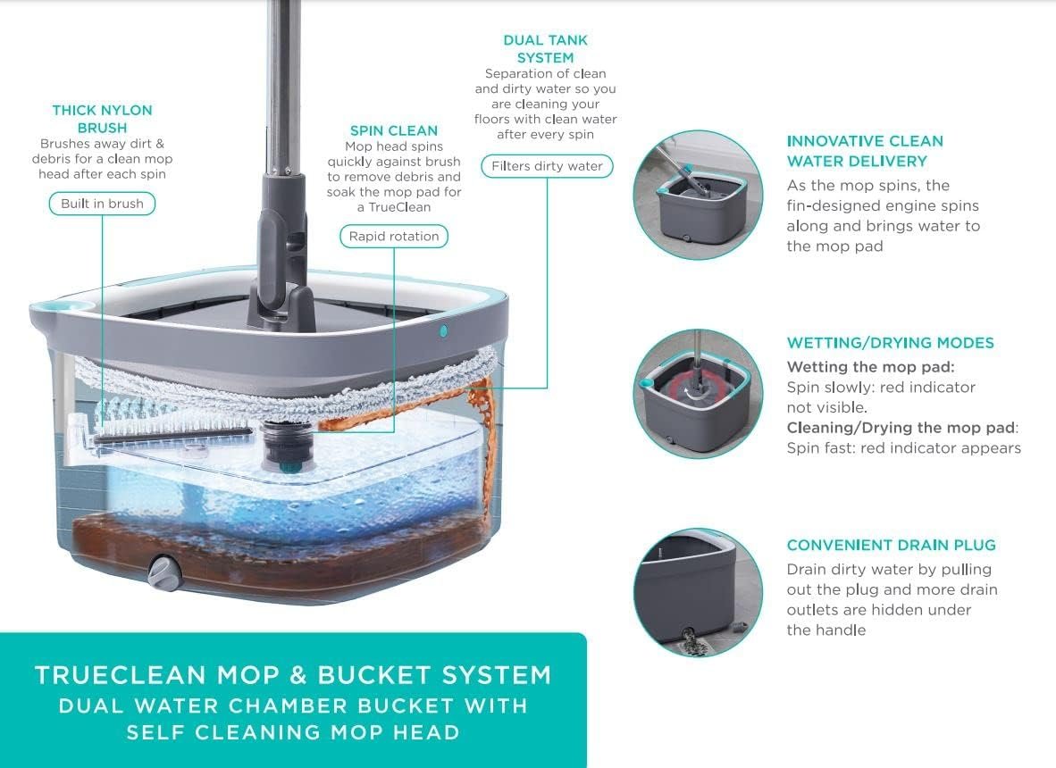 True & Tidy True Clean Mop and Bucket System, Includes Square Spin Mop, Dual Compartment Mop Bucket and 2 Thick Machine Washable Mop Pads (Spin Mop) - Image 9