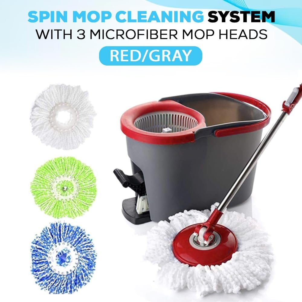 SIMPLI-MAGIC 79349 Spin Mop Cleaning System with 3 Microfiber Mop Heads, Red/GRAY,Red/Black - Image 5