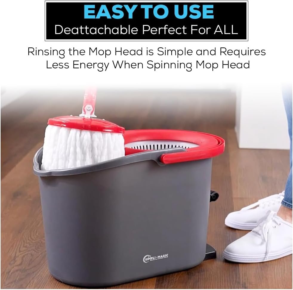 SIMPLI-MAGIC 79349 Spin Mop Cleaning System with 3 Microfiber Mop Heads, Red/GRAY,Red/Black - Image 4