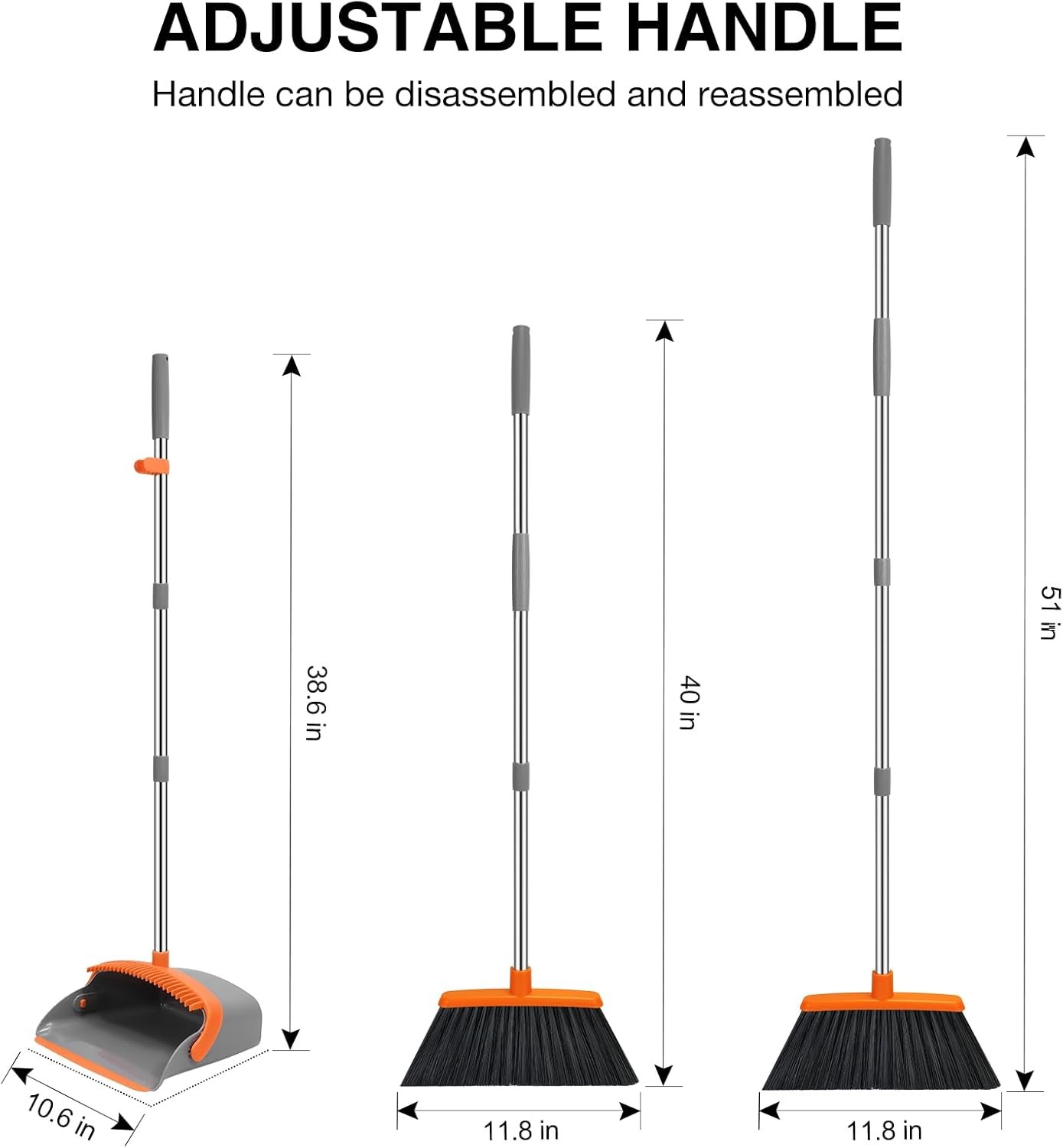 Broom and Dustpan Set, 52-in Long Adjustable Handle Broom Dustpan Combo with Dustpan Teeth to Automatically Clean Hair Suitable for Home Kitchen Office Hall Floor(Grey&Orange) - Image 3