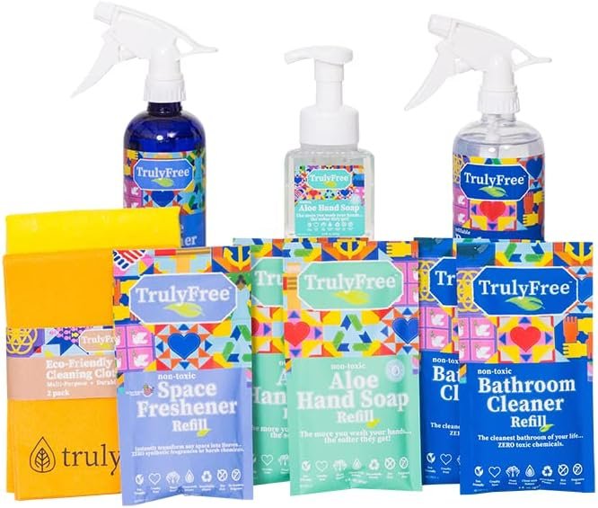 Truly Free 4-in-1 Ultimate Multipurpose Cleaning Supplies Kit for Home & Bathroom – Includes Bathroom Cleaner, Aloe Hand Soap, Space Freshener, & Cleaning Cloths - Image 2