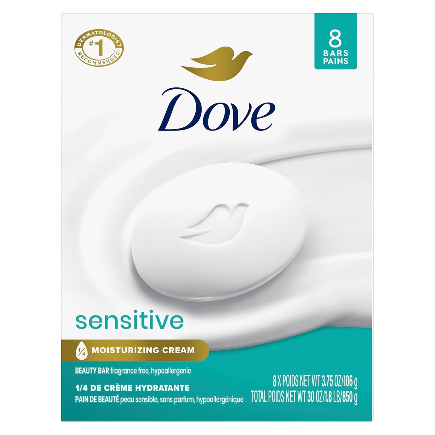 Dove Beauty Bar Soap Sensitive, 8 Bars for Sensitive Skin, Fragrance Free and Hypoallergenic 3.75 oz - Image 2
