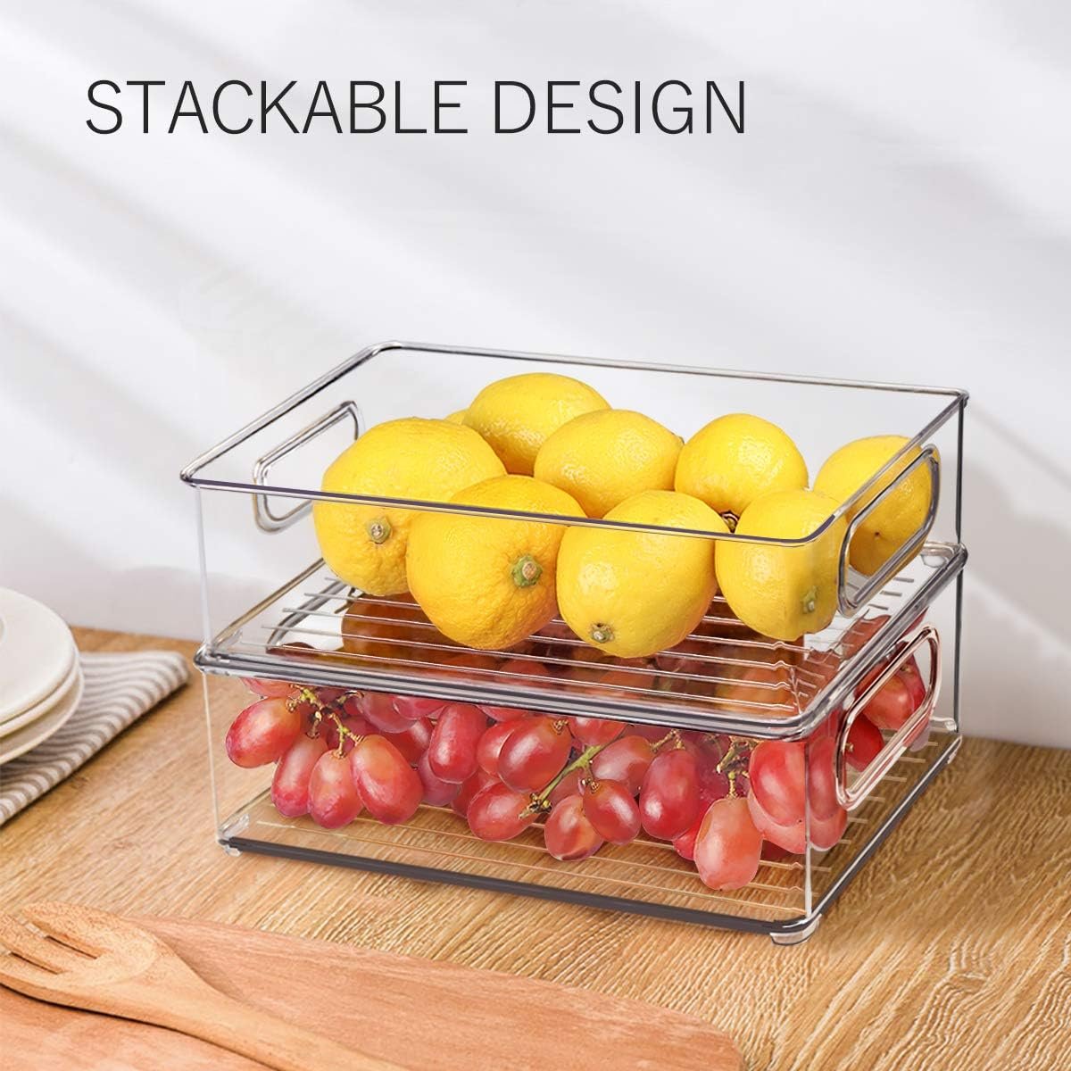 Stackable Refrigerator Organizer Bins, 6 Pack Clear Kitchen Organizer Container Bins with Handles and 20 PCS Plastic Bags for Pantry, Cabinets, Shelves, Drawer, Freezer - Food Safe, BPA Free 10"L - Image 3