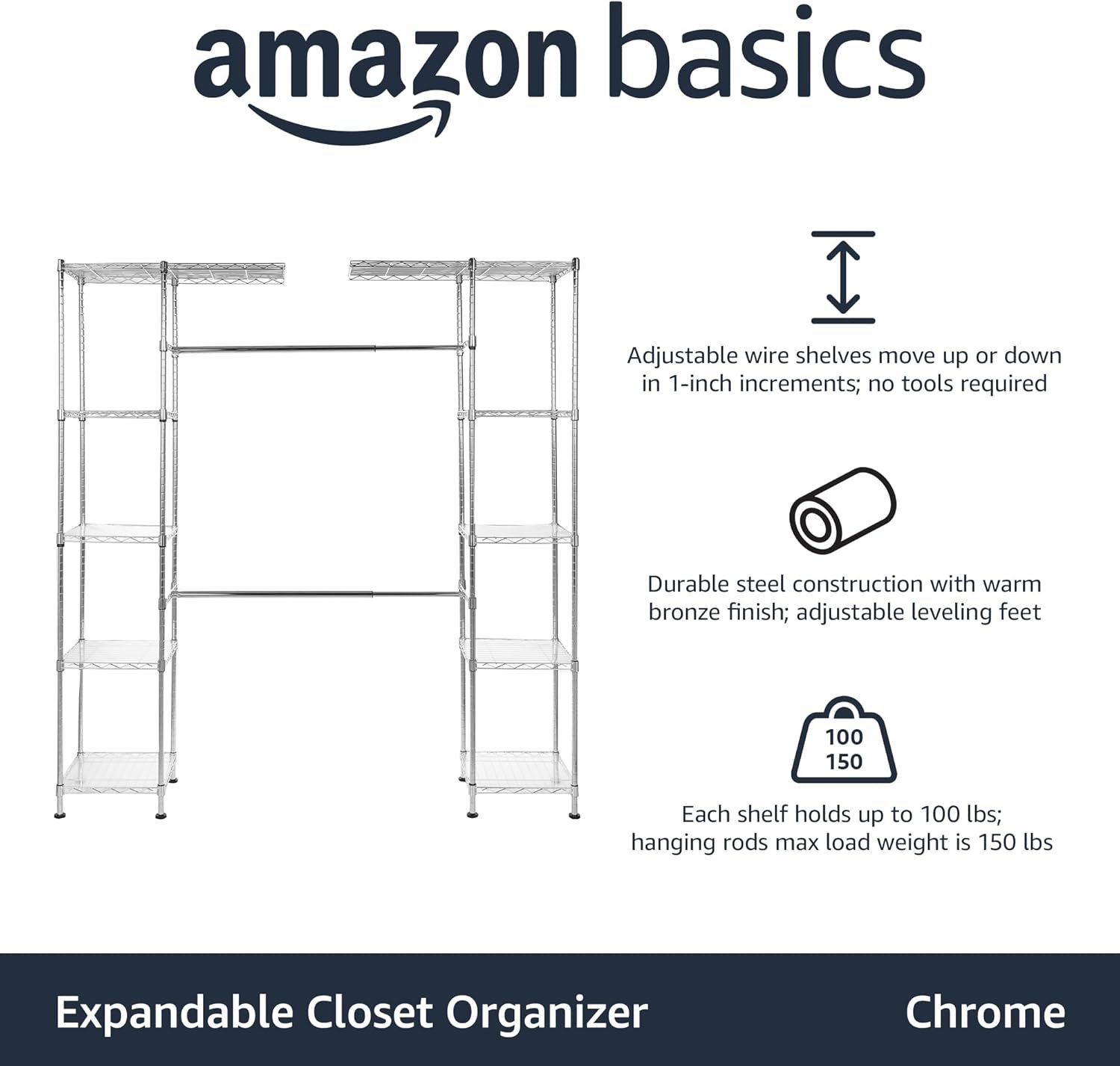 Amazon Basics Expandable Adjustable Metal Hanging Storage Organizer Rack Wardrobe with Shelves, 57-80 x 14 x 72 inches (LxWxH), Chrome - Image 3