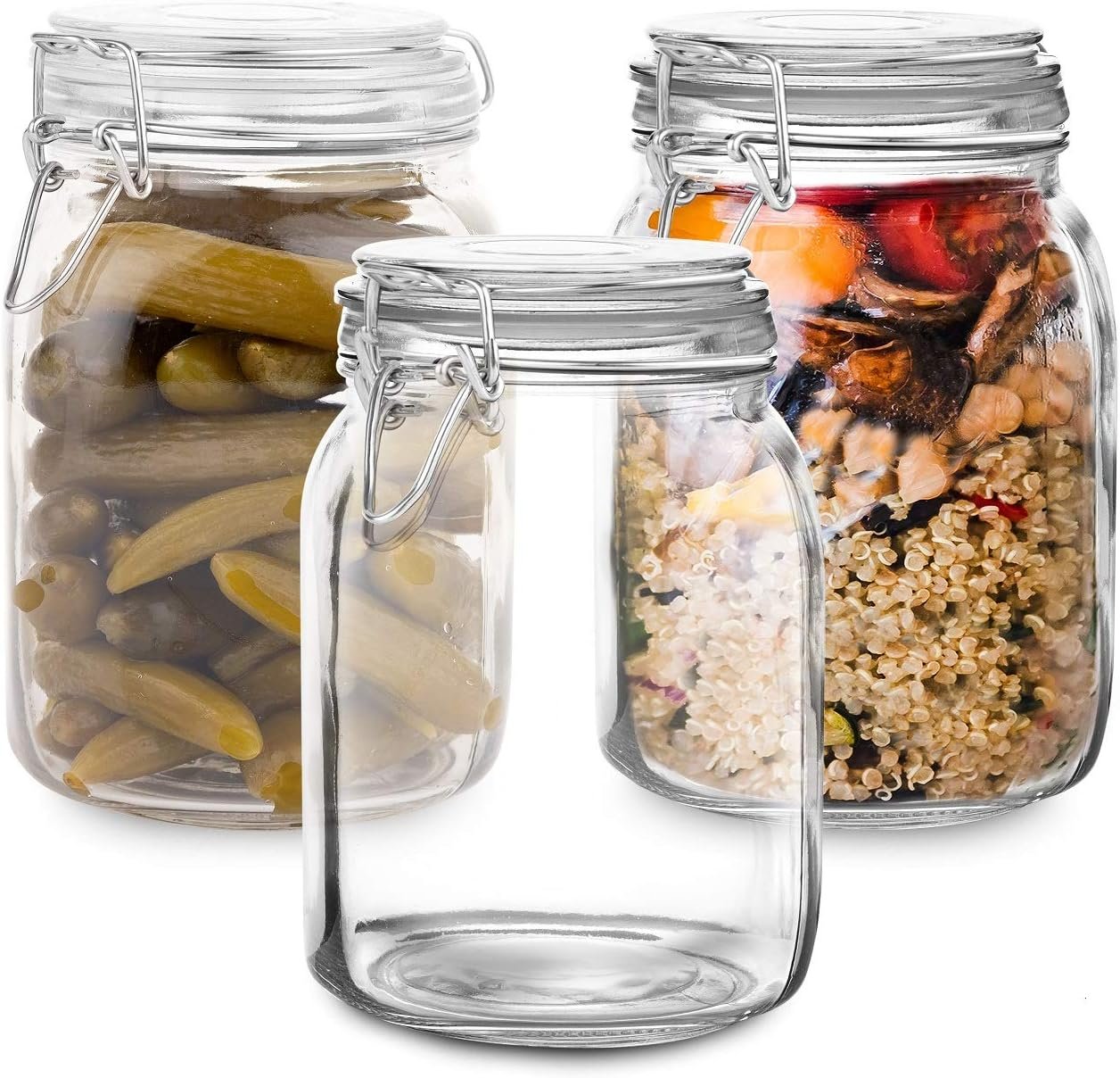 Set of 3 Glass Mason Jar with Lid (1 Liter) | Airtight Glass Storage Container for Food, Flour, Pasta, Coffee, Candy, Dog Treats, Snacks & More | Glass Organization Canisters | 34 Ounces - Image 2