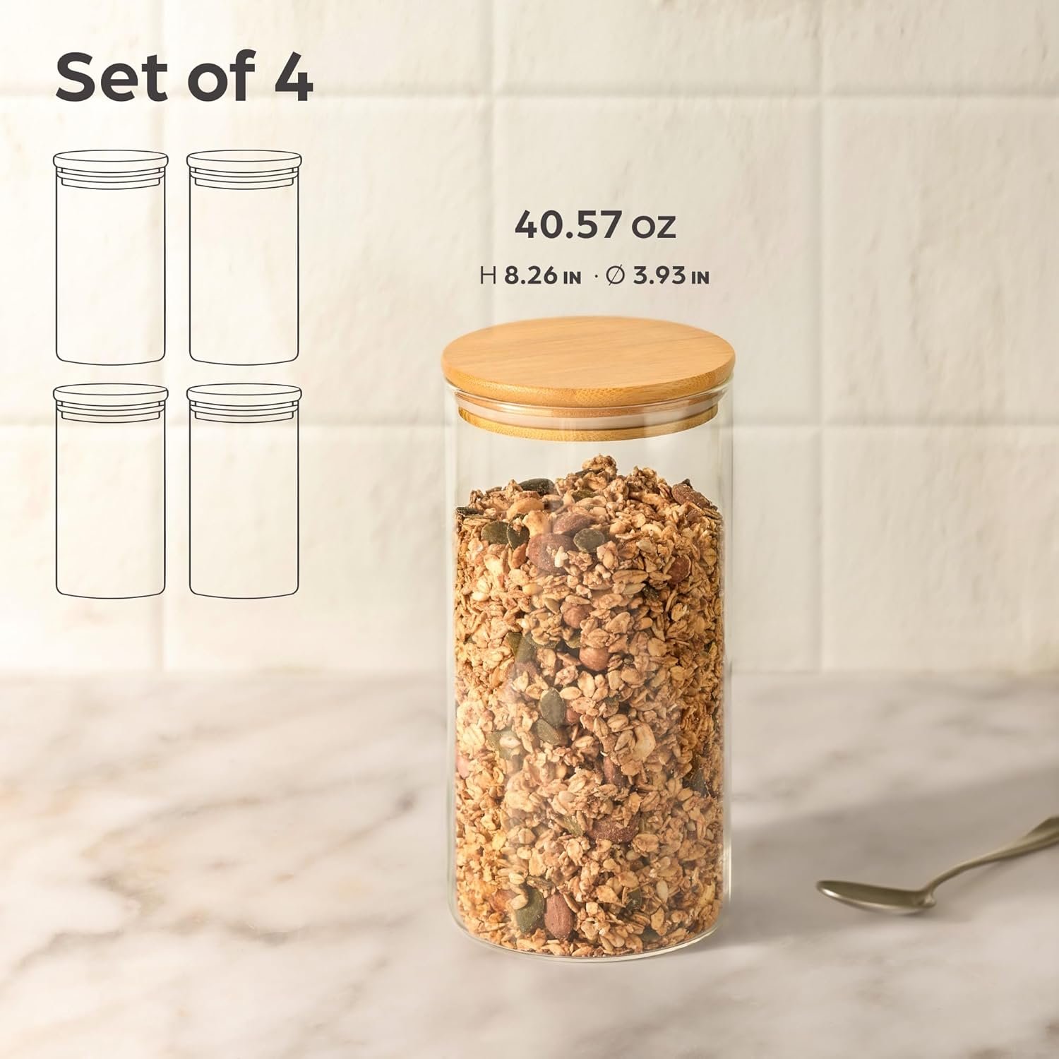 Kitchen Storage Jars 40oz - 4 Airtight Glass Pantry Storage Container with Bamboo Lid - 8 Seals - Food Glass Jars in Borosilicate Glass - Dishwasher Safe - Image 3
