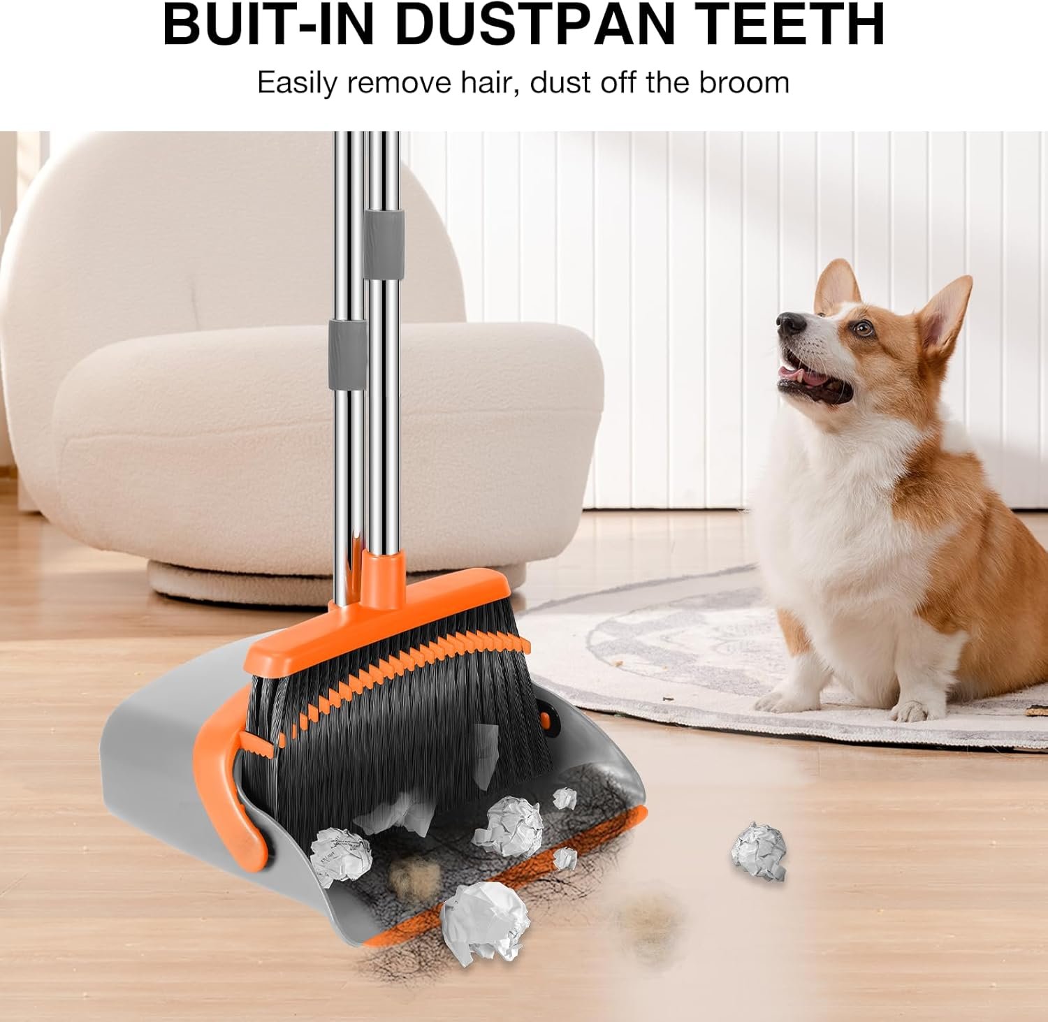 Broom and Dustpan Set, 52-in Long Adjustable Handle Broom Dustpan Combo with Dustpan Teeth to Automatically Clean Hair Suitable for Home Kitchen Office Hall Floor(Grey&Orange) - Image 5
