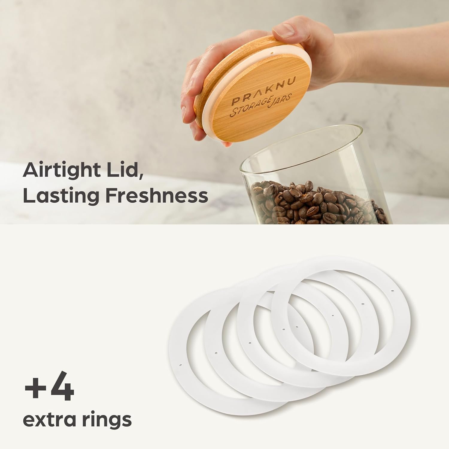 Kitchen Storage Jars 40oz - 4 Airtight Glass Pantry Storage Container with Bamboo Lid - 8 Seals - Food Glass Jars in Borosilicate Glass - Dishwasher Safe - Image 4