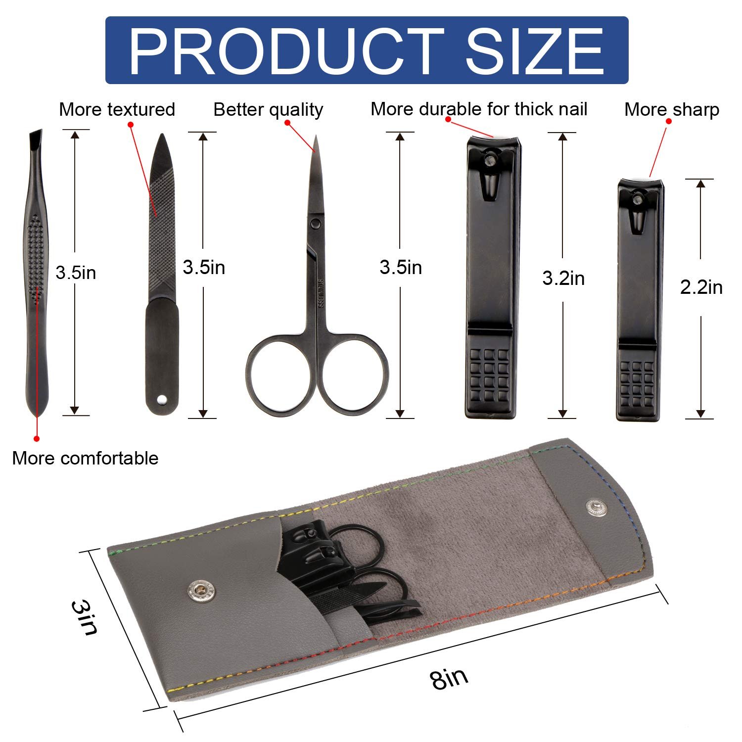 Manicure Pedicure Kit Nail Clippers Set Fingernails & Toenails Vibrissac Scissor 5 Pieces Best Care Tools for Man & Women with Travel Case (Gray/Black_A) (Gray/Black_A) - Image 8