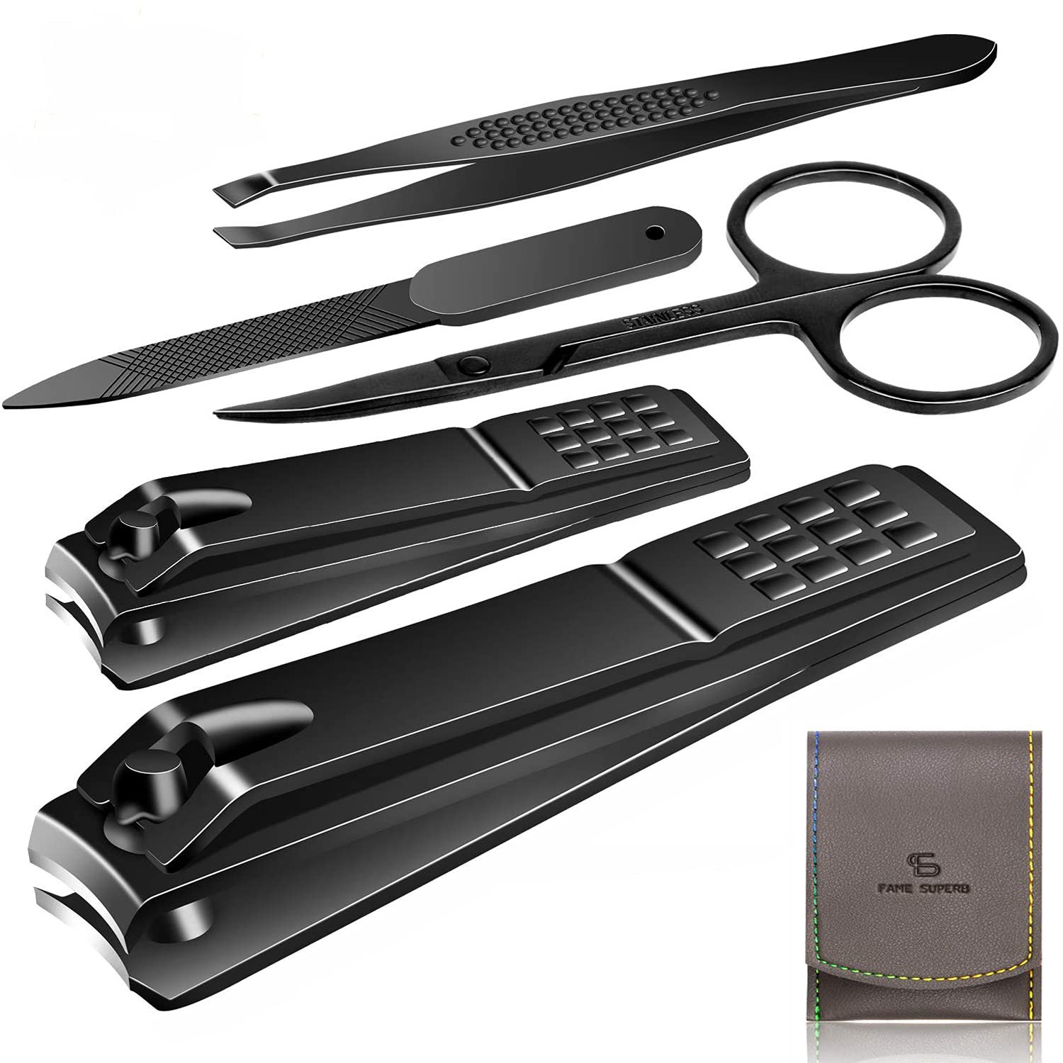 Manicure Pedicure Kit Nail Clippers Set Fingernails & Toenails Vibrissac Scissor 5 Pieces Best Care Tools for Man & Women with Travel Case (Gray/Black_A) (Gray/Black_A) - Image 2
