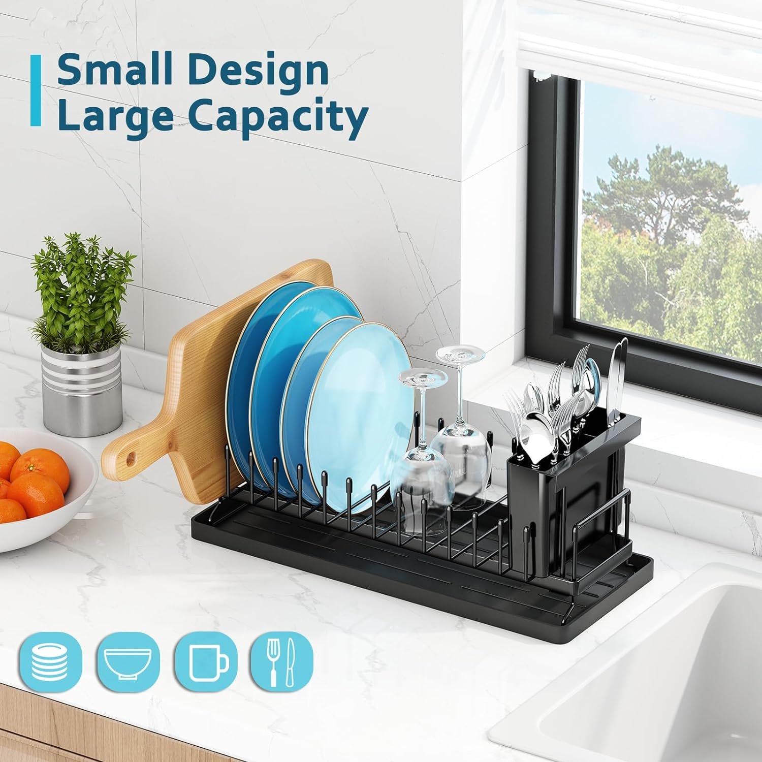 ANTOPY Small Dish Drying Rack - Compact Dish Rack for Kitchen Counter with Silicone Dish Drying Mat, Stainless Steel Dish Drainer for Kitchen Sink Cabinet, Space Saving Plate Rack Cutlery Holder - Image 3