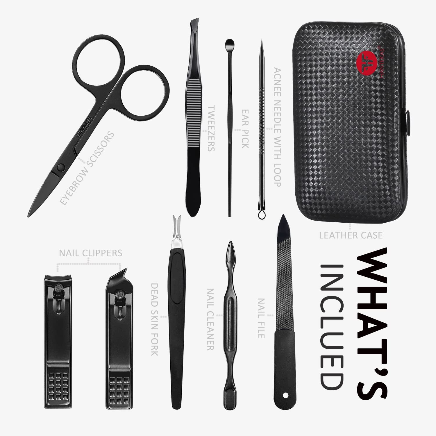 Manicure Set 9 in 1 Stainless Steel, Nail Clippers Scissors Pedicure Tools Kit - Portable Travel Grooming Kit for Men and Women with Black/Red Leather Case (Red) - Image 3