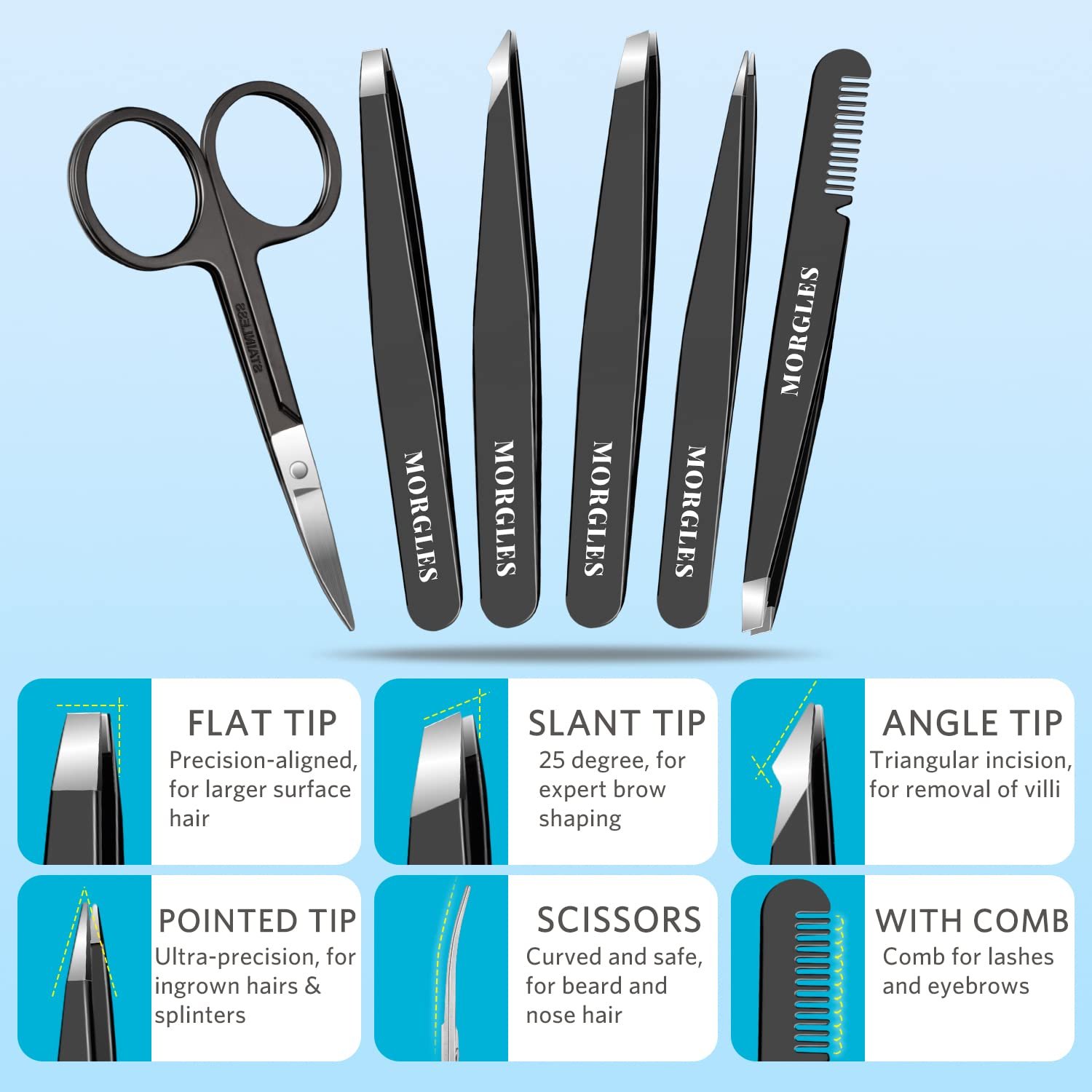 MORGLES Tweezers Set and Nail Clippers, 9 Pcs Stainless Steel Tweezers Kit for Men Professional Manicure Set for Men Grooming Kit with Leather Travel Case - Image 5