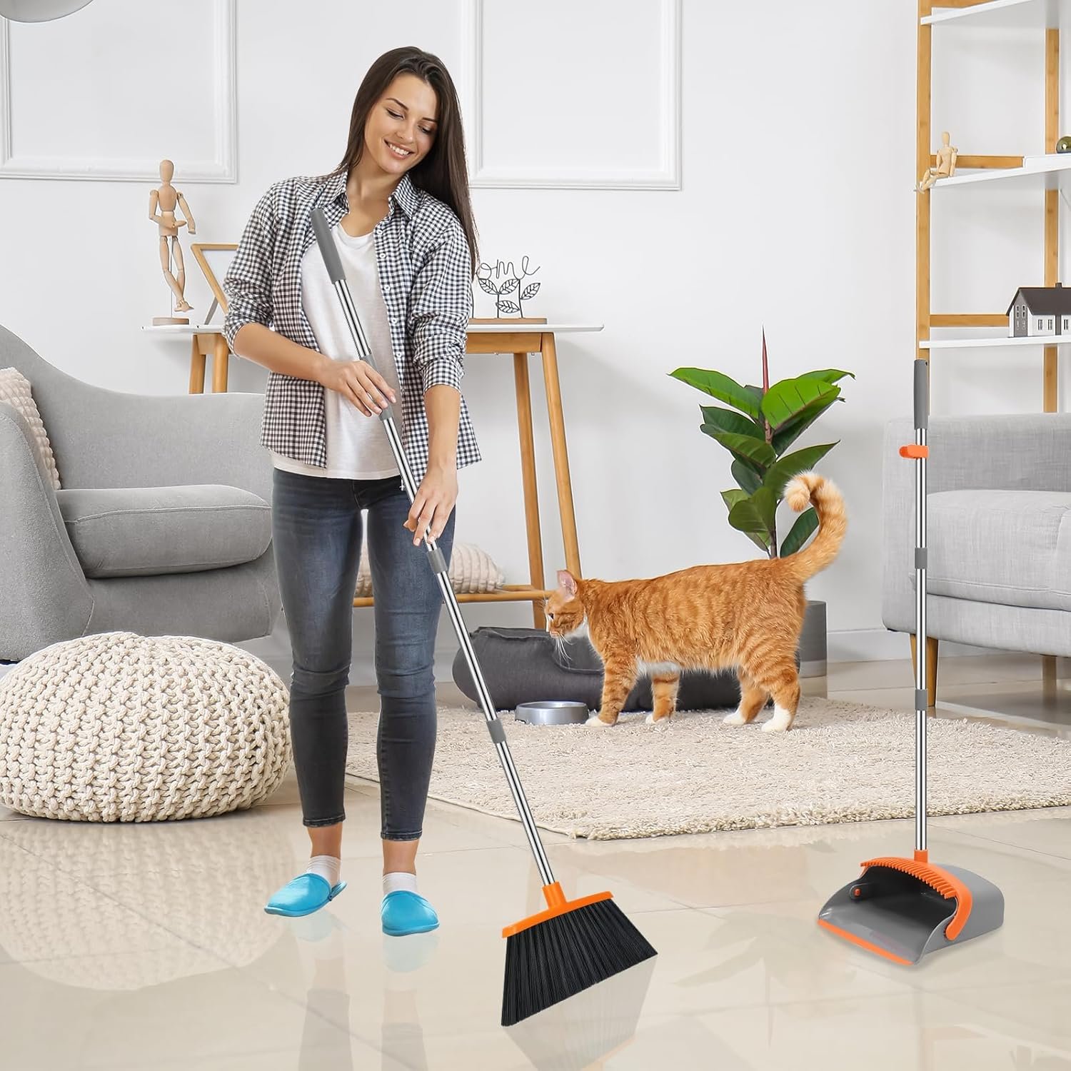 Broom and Dustpan Set, 52-in Long Adjustable Handle Broom Dustpan Combo with Dustpan Teeth to Automatically Clean Hair Suitable for Home Kitchen Office Hall Floor(Grey&Orange) - Image 8