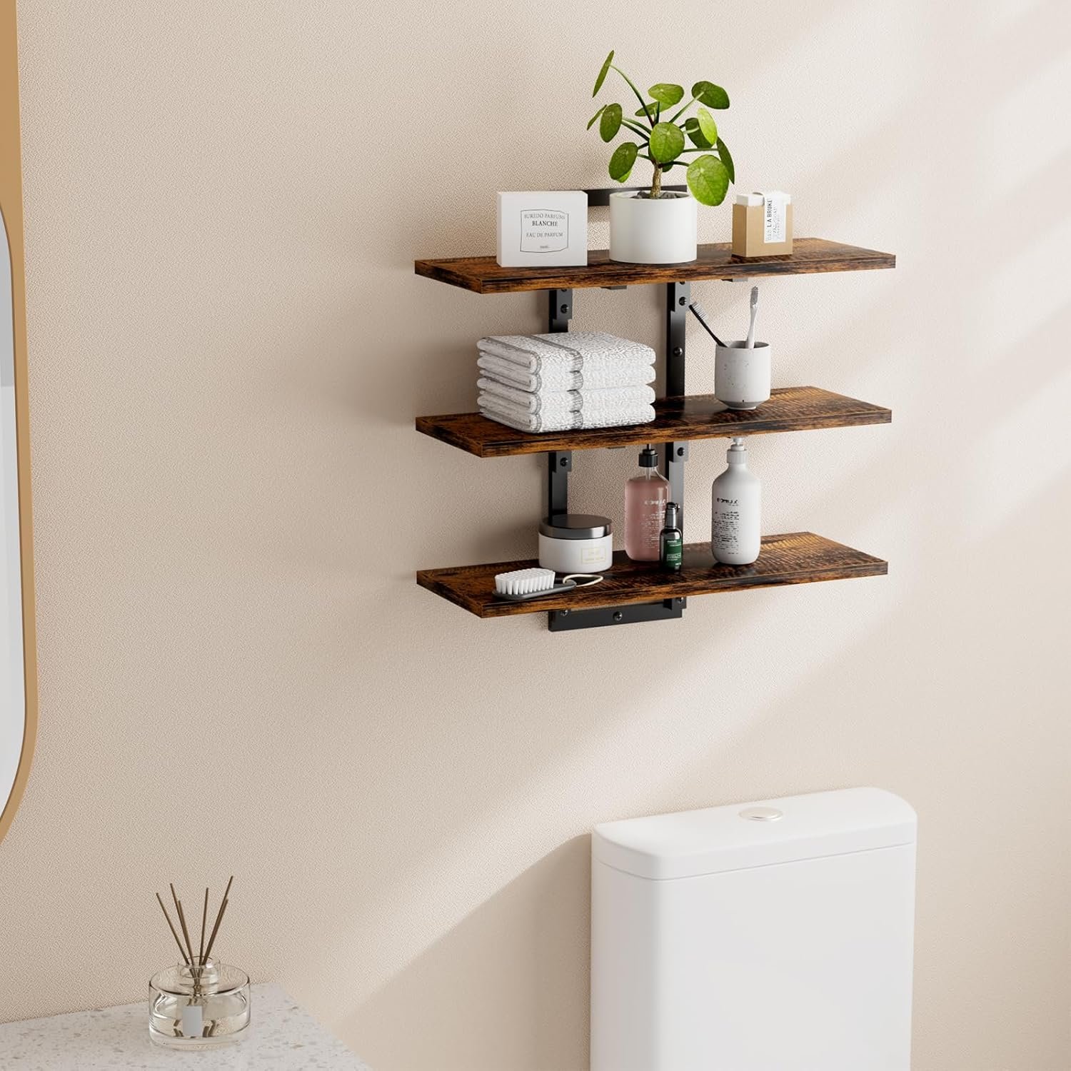 3 Tier Floating Shelves for Wall, 16 inch Floating Kitchen Shelves for Wall, Floating Shelves for Bathroom Wall, Industrial Display Shelf for Living Room, Bedroom - Image 4