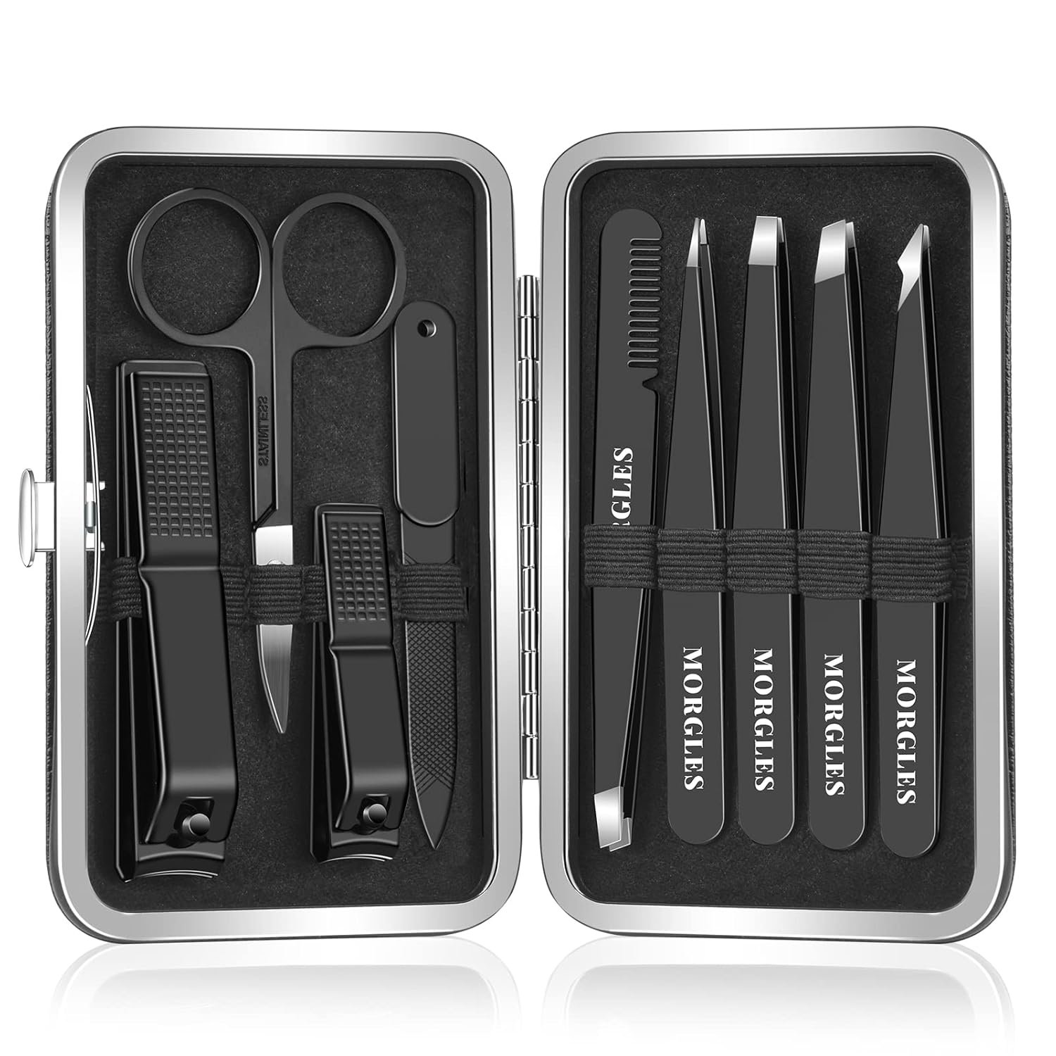 MORGLES Tweezers Set and Nail Clippers, 9 Pcs Stainless Steel Tweezers Kit for Men Professional Manicure Set for Men Grooming Kit with Leather Travel Case - Image 2