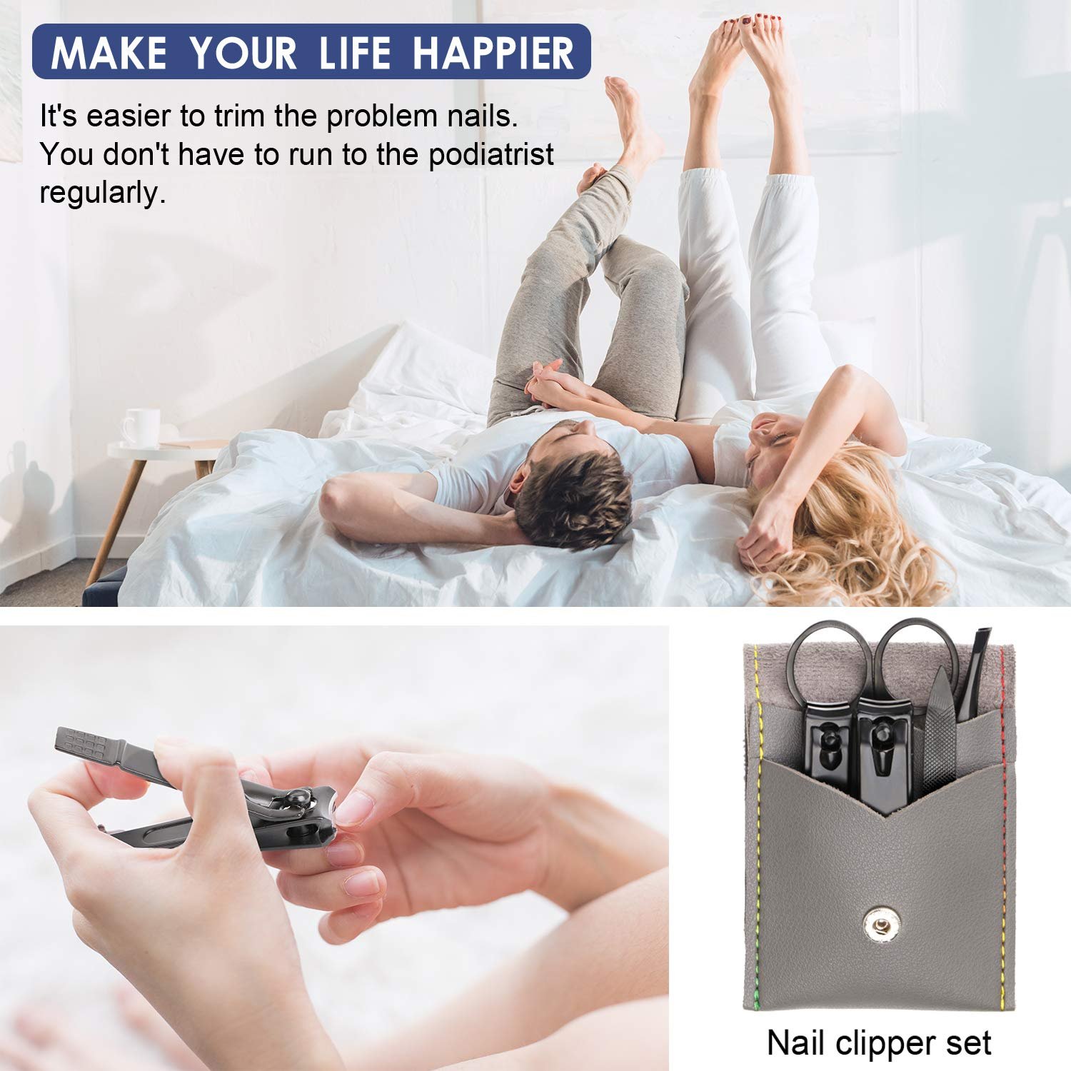 Manicure Pedicure Kit Nail Clippers Set Fingernails & Toenails Vibrissac Scissor 5 Pieces Best Care Tools for Man & Women with Travel Case (Gray/Black_A) (Gray/Black_A) - Image 6