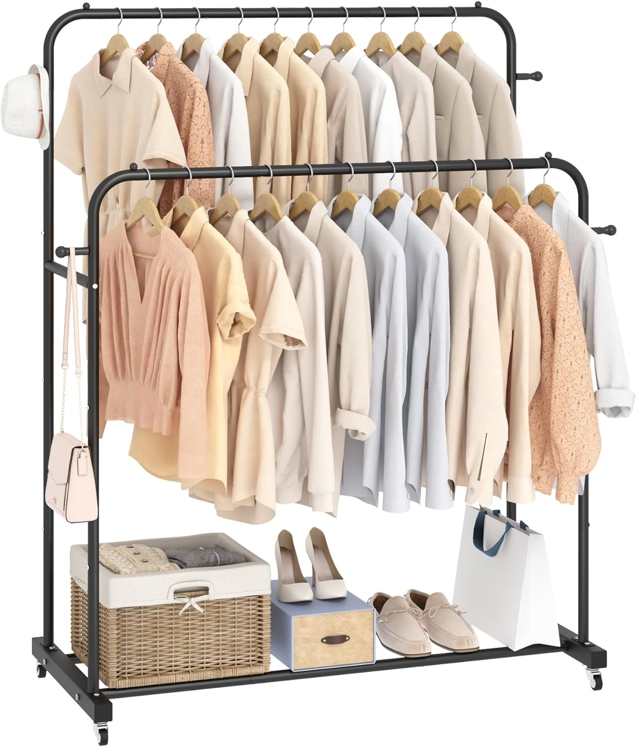 Laiensia Double Rods Garment Rack with Wheels, Clothing Rack for Hanging Clothes,4 Hooks, Multi-functional Bedroom Clothes Rack, Black - Image 2