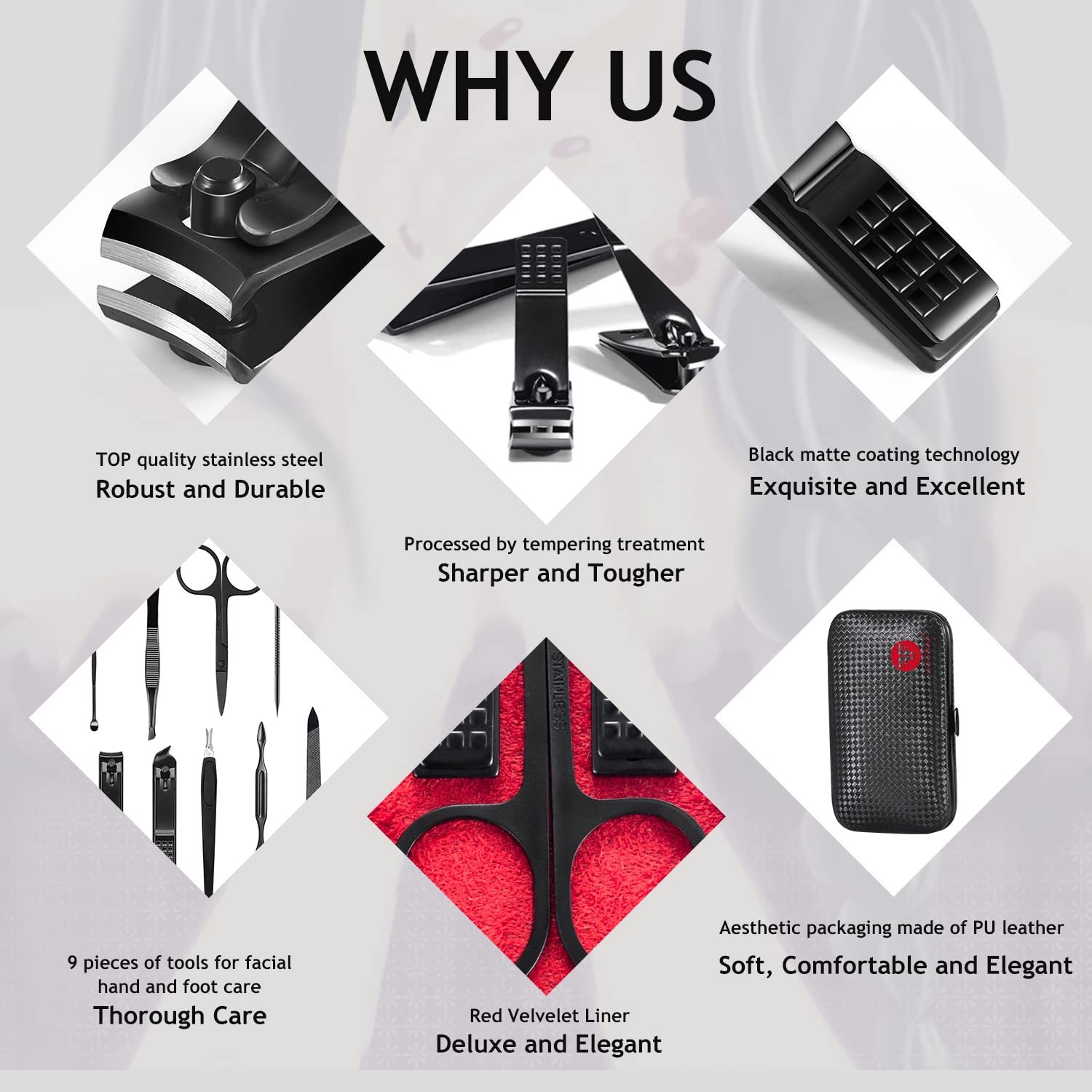 Manicure Set 9 in 1 Stainless Steel, Nail Clippers Scissors Pedicure Tools Kit - Portable Travel Grooming Kit for Men and Women with Black/Red Leather Case (Red) - Image 5