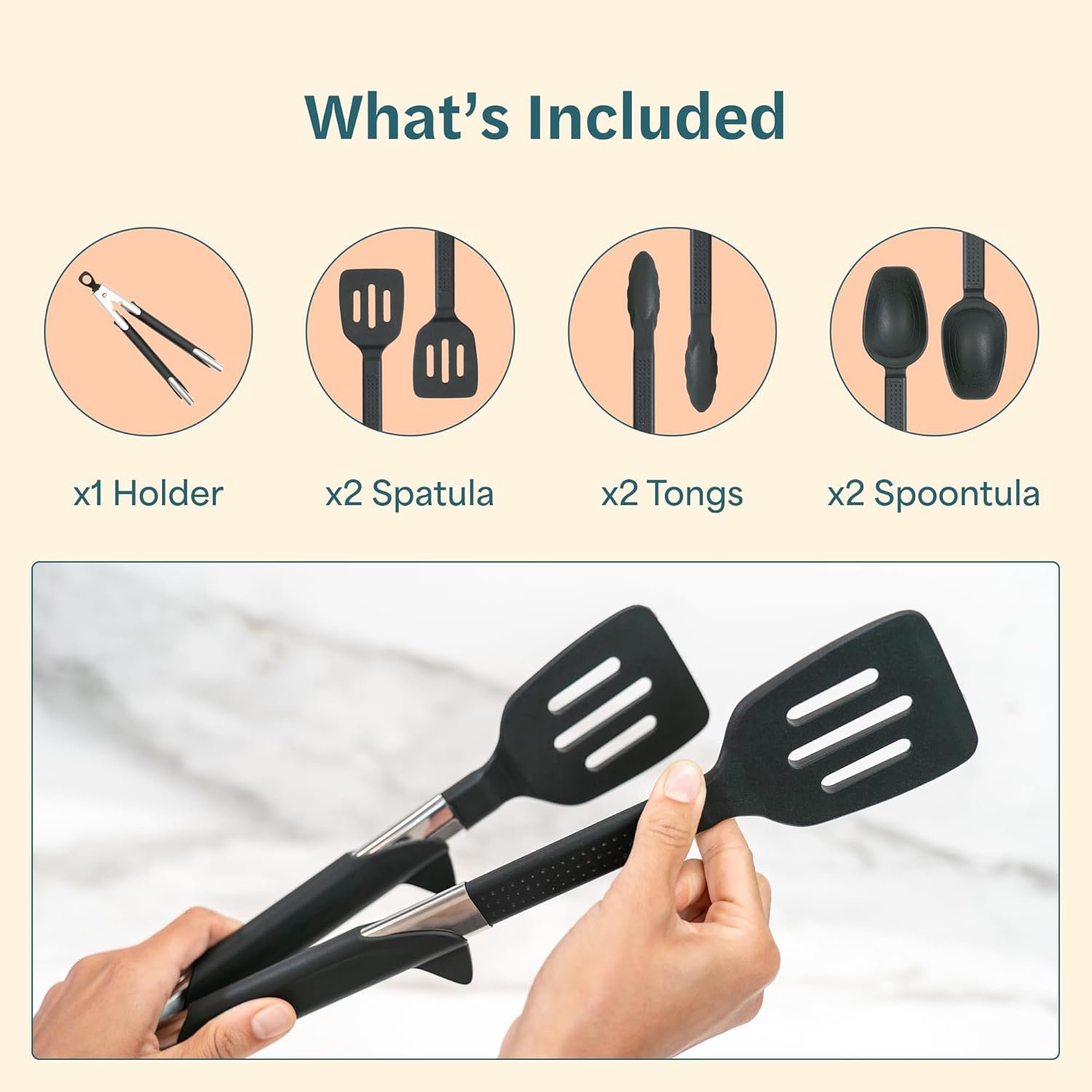 GripFlip: 3-in-1 Kitchen Cooking Utensils Set with Extendable & Interchangeable Inserts | Spatula, Tongs & Spoontula | Non-Stick, Heat-Resistant, BPA-Free Silicone Cooking Utensils Set | 7 Pcs - Image 9