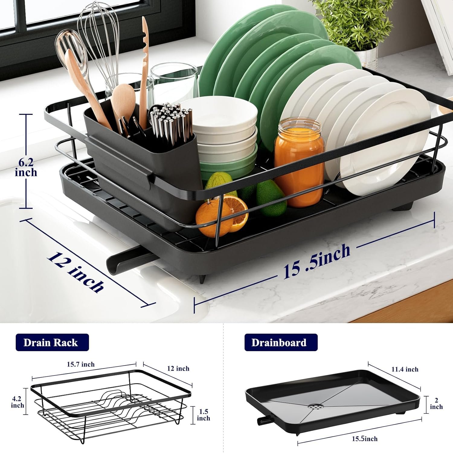 Kitsure Dish Drying Rack- Space-Saving Dish Rack, Dish Racks for Kitchen Counter, Stainless Steel Kitchen Drying Rack with a Cutlery Holder, 12''W x 15''L, Black - Image 4