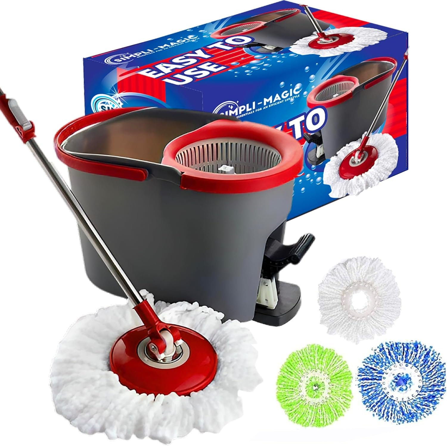 SIMPLI-MAGIC 79349 Spin Mop Cleaning System with 3 Microfiber Mop Heads, Red/GRAY,Red/Black - Image 2