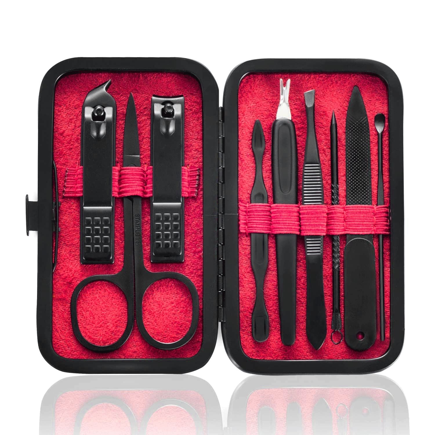 Manicure Set 9 in 1 Stainless Steel, Nail Clippers Scissors Pedicure Tools Kit - Portable Travel Grooming Kit for Men and Women with Black/Red Leather Case (Red) - Image 2