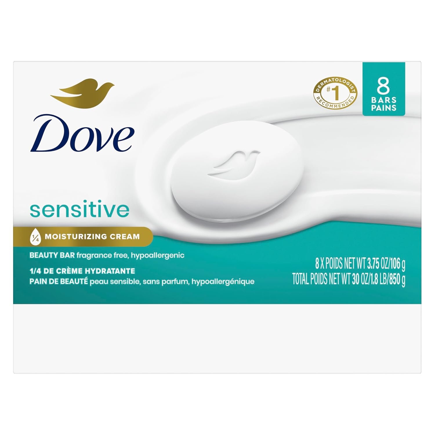 Dove Beauty Bar Soap Sensitive, 8 Bars for Sensitive Skin, Fragrance Free and Hypoallergenic 3.75 oz - Image 3