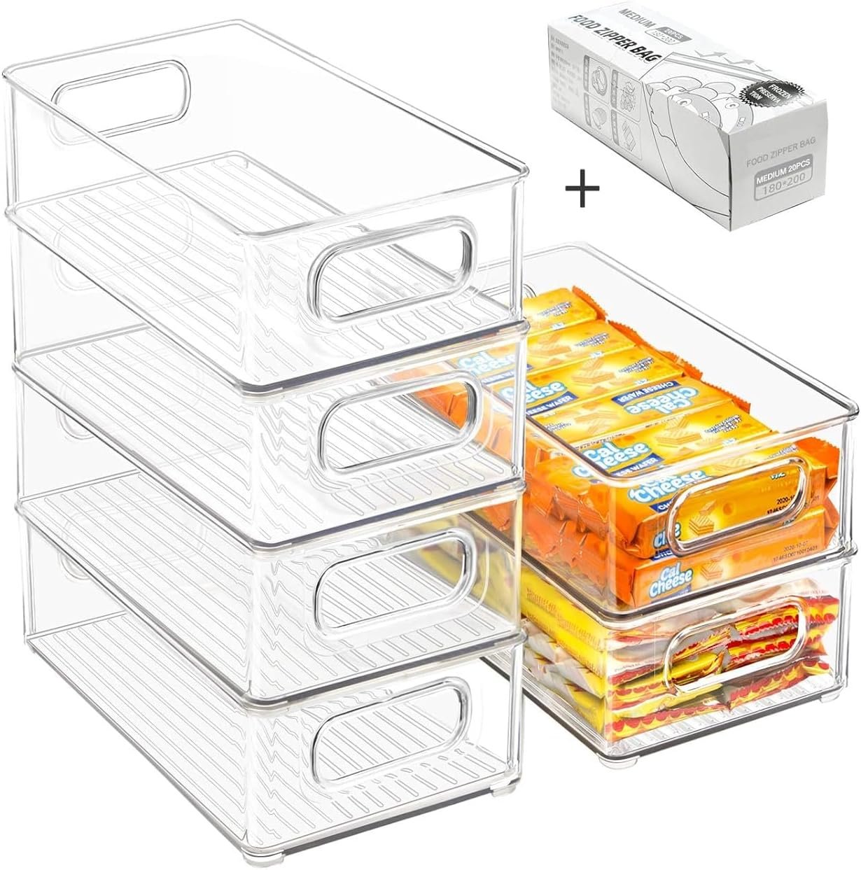 Stackable Refrigerator Organizer Bins, 6 Pack Clear Kitchen Organizer Container Bins with Handles and 20 PCS Plastic Bags for Pantry, Cabinets, Shelves, Drawer, Freezer - Food Safe, BPA Free 10"L - Image 5