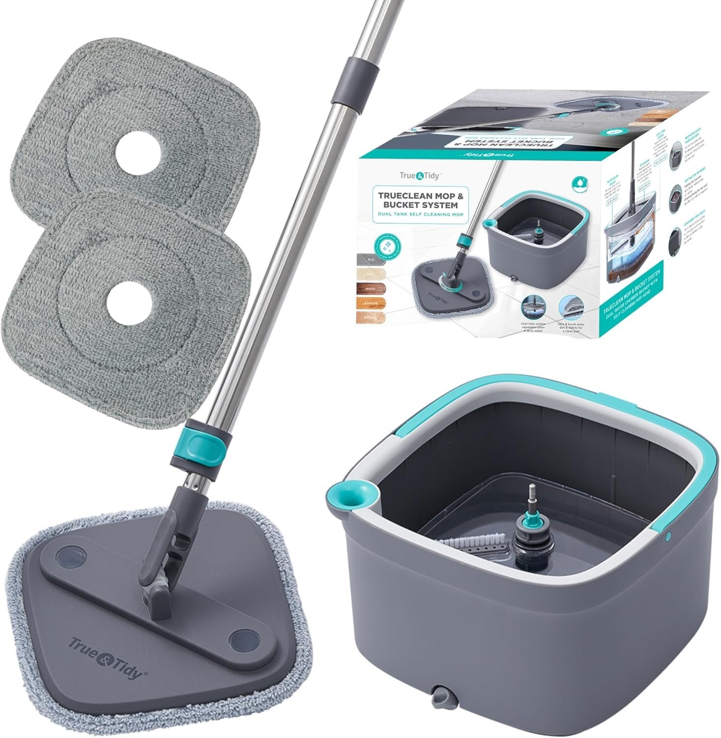 True & Tidy True Clean Mop and Bucket System, Includes Square Spin Mop, Dual Compartment Mop Bucket and 2 Thick Machine Washable Mop Pads (Spin Mop) - Image 2