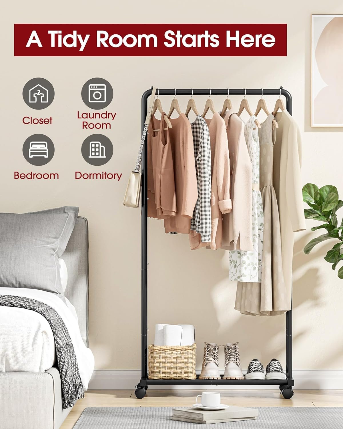 Clothes Rack - Clothing Rack with Wheels, Multi-Functional Clothing Racks for Hanging Clothes and Shoes, Large Capacity Garment Rack for Bedroom, Living Room and Office, Black, Medium - Image 8