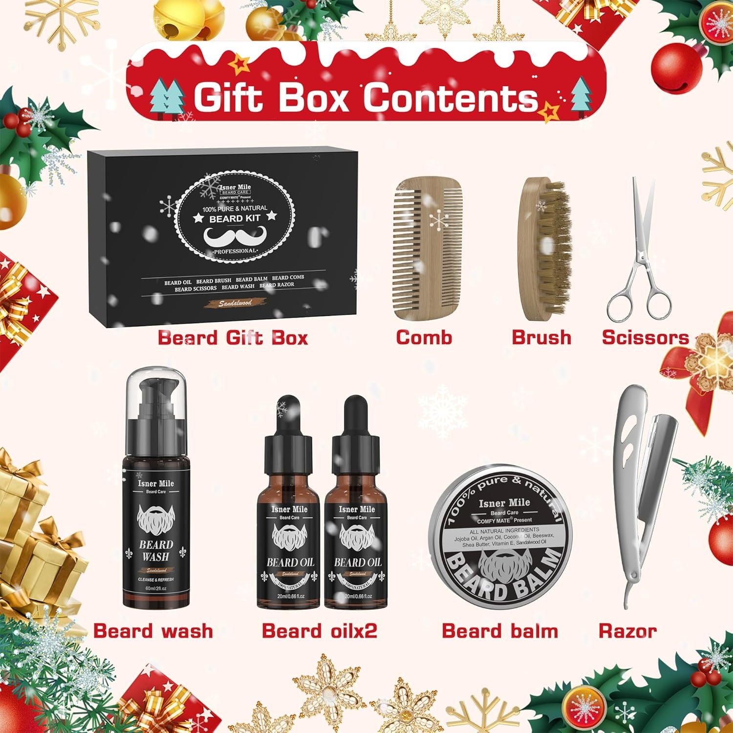 Isner Mile Beard Kit for Men, Grooming & Trimming Set with Beard Shampoo Wash, Beard Oil, Balm, Brush, Comb, Scissors & Storage Bag, Birthday Gifts Valentines Day Gifts for Him Dad Men Boyfriend - Image 9