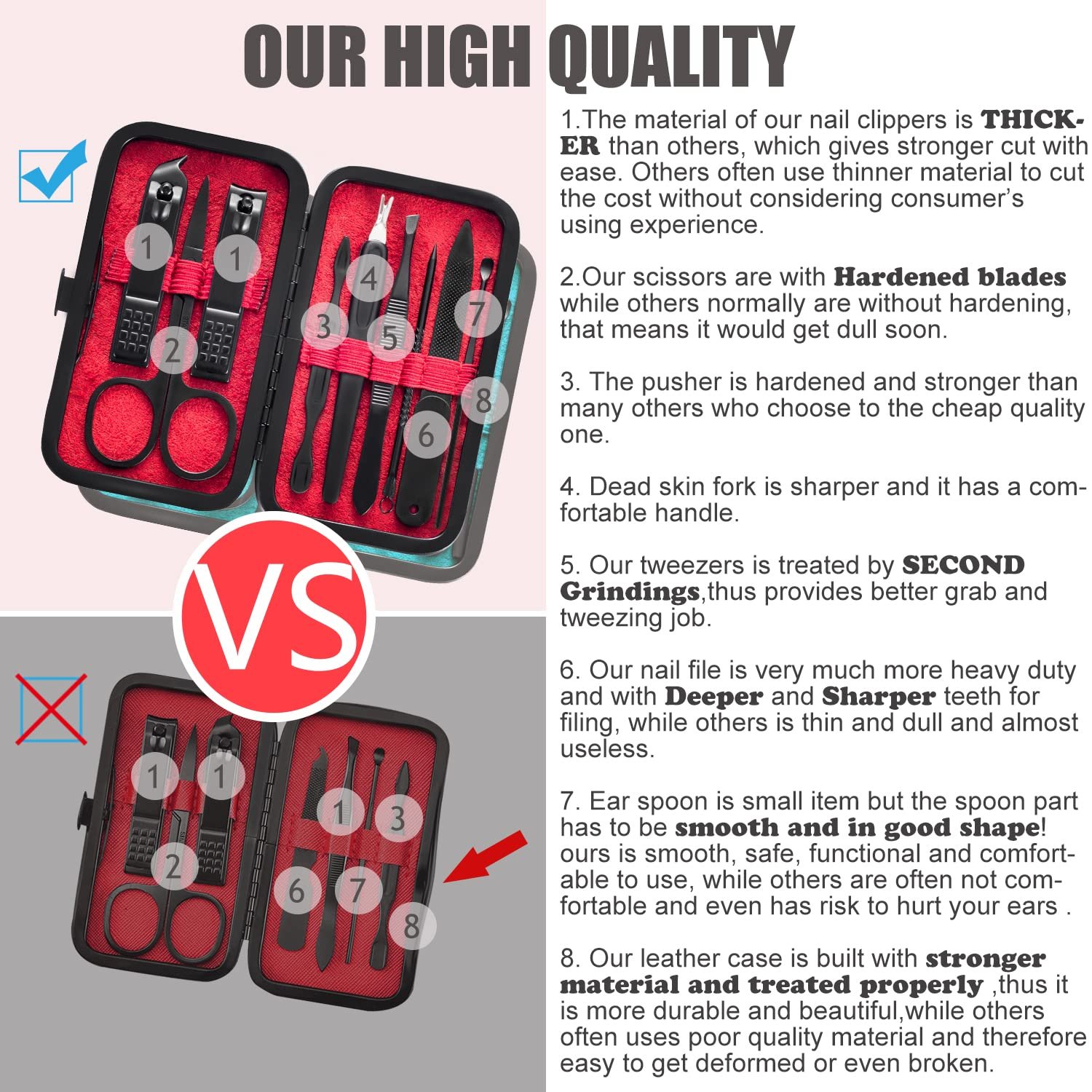 Manicure Set 9 in 1 Stainless Steel, Nail Clippers Scissors Pedicure Tools Kit - Portable Travel Grooming Kit for Men and Women with Black/Red Leather Case (Red) - Image 4