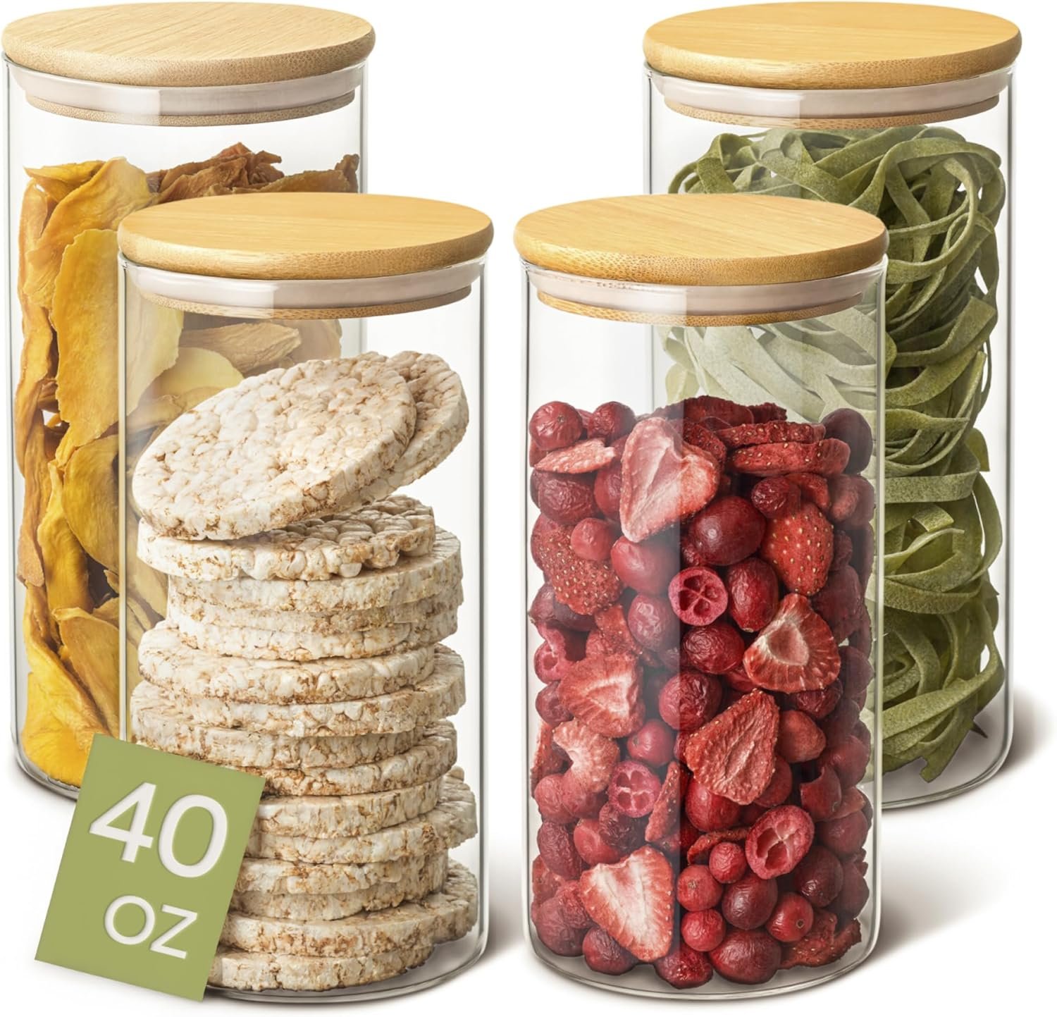Kitchen Storage Jars 40oz - 4 Airtight Glass Pantry Storage Container with Bamboo Lid - 8 Seals - Food Glass Jars in Borosilicate Glass - Dishwasher Safe - Image 2