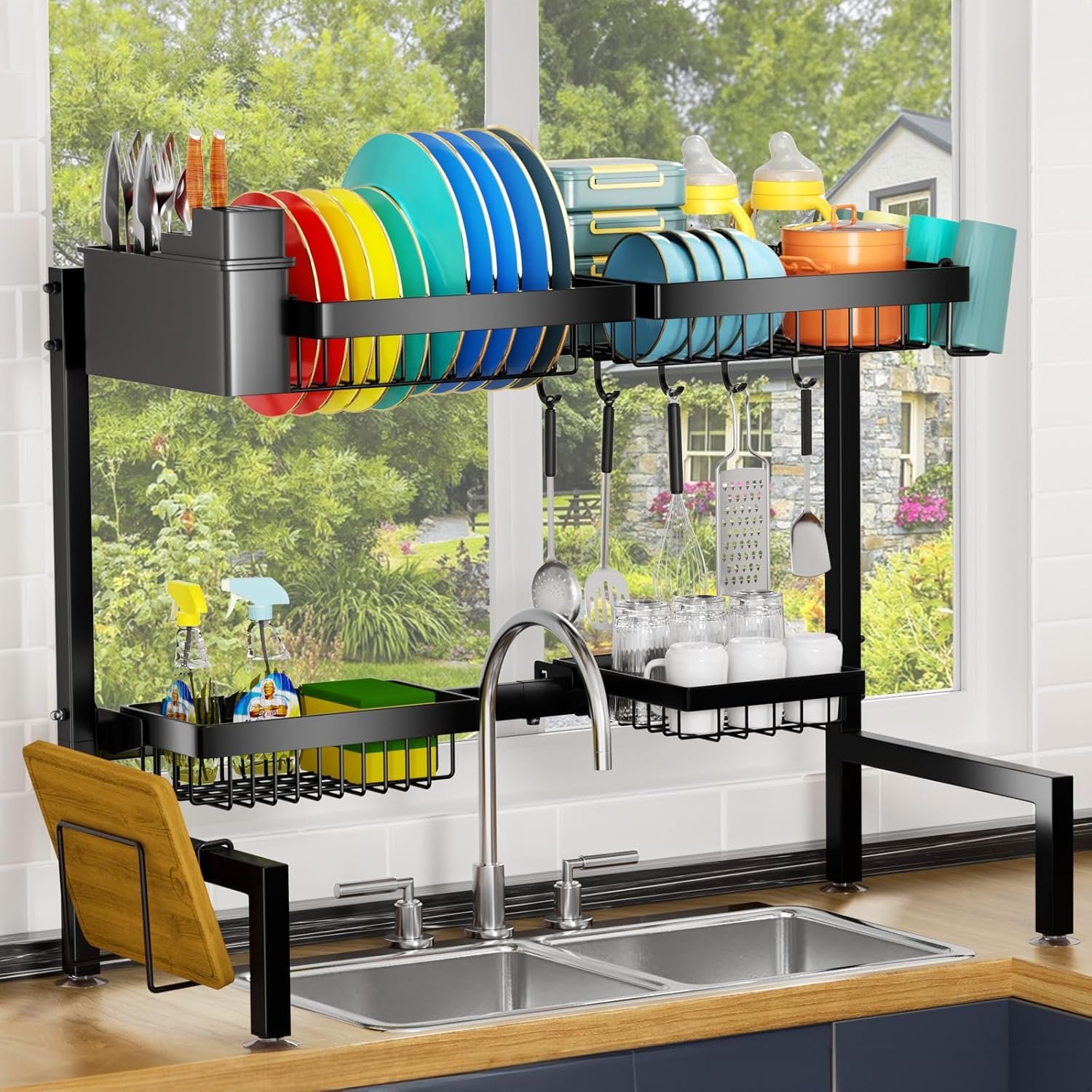 YKLSLH 4 Baskets Over The Sink Dish Drying Rack, Extendable Large Capacity Sink Rack, Metal Drying Rack Saving Space,for Most Sinks (24.8 "-35.4") - Image 5