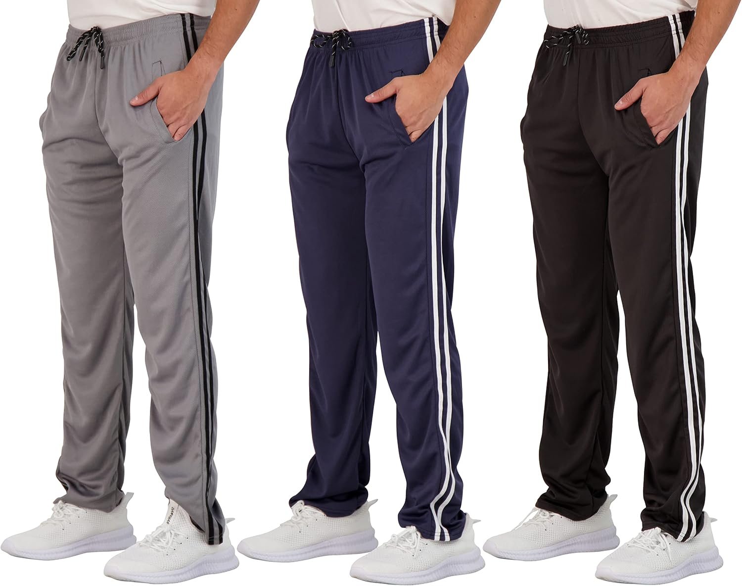 Real Essentials 3 Pack: Men's Mesh Athletic Gym Workout Lounge Open Bottom Sweatpants with Pockets (Available in Big & Tall) - Image 2
