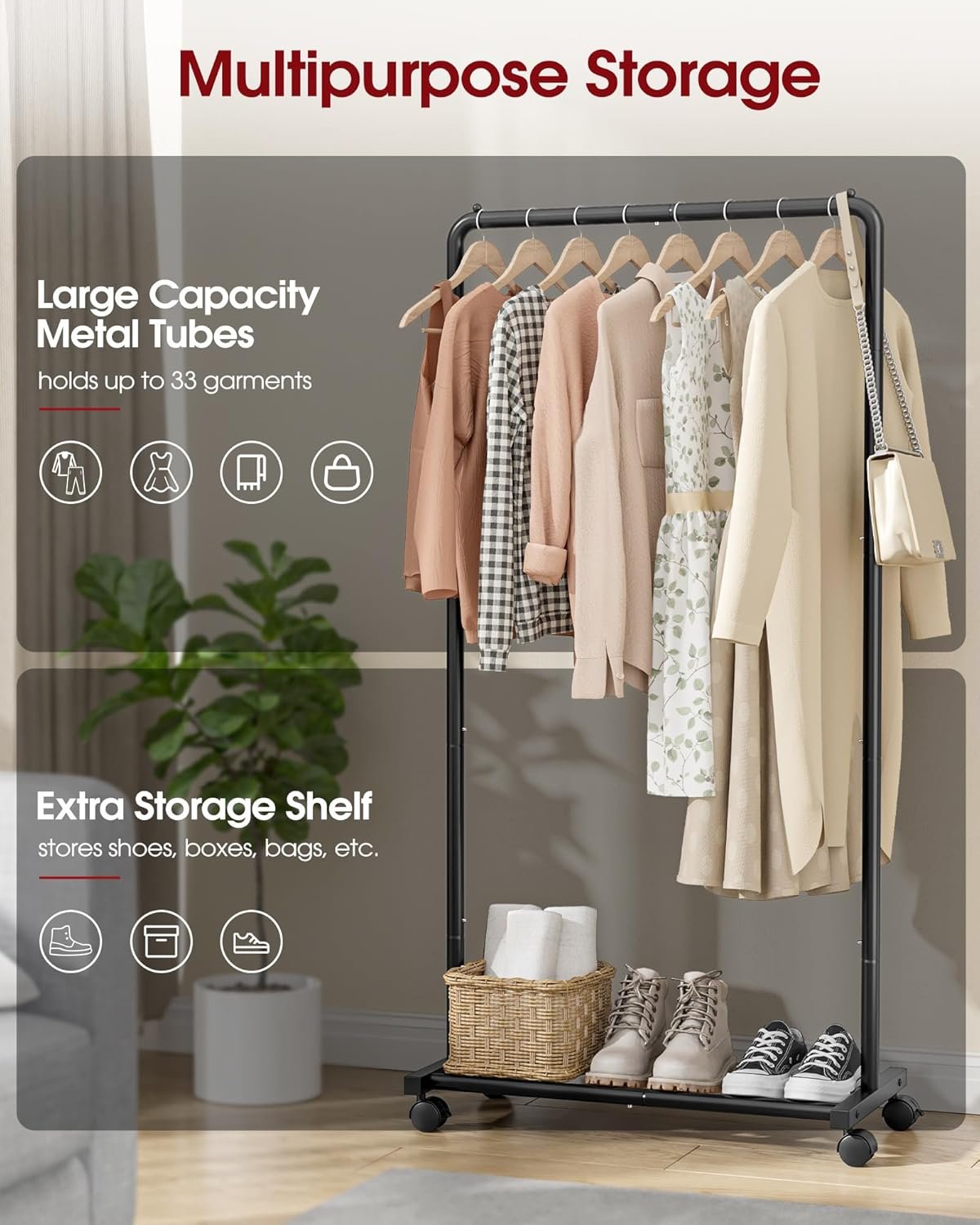 Clothes Rack - Clothing Rack with Wheels, Multi-Functional Clothing Racks for Hanging Clothes and Shoes, Large Capacity Garment Rack for Bedroom, Living Room and Office, Black, Medium - Image 6