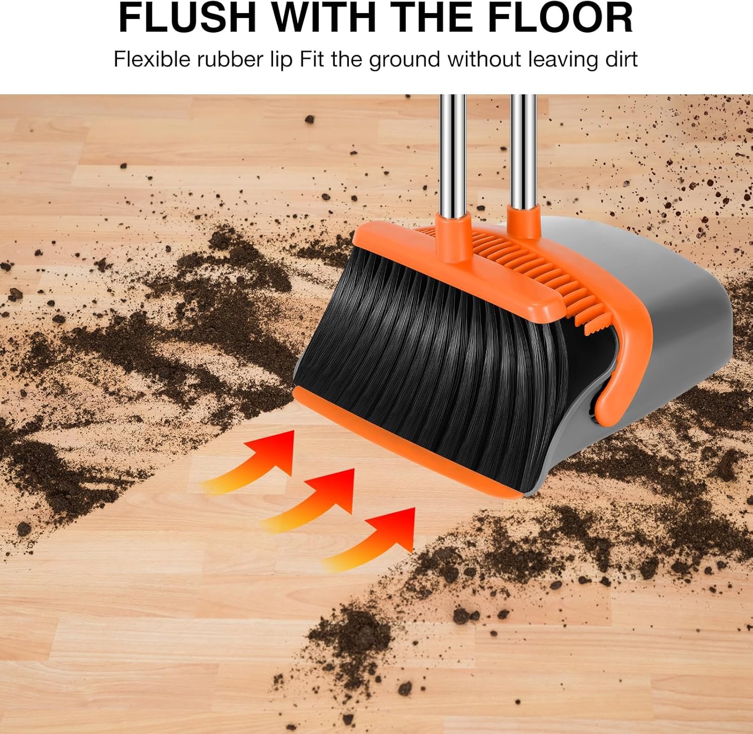 Broom and Dustpan Set, 52-in Long Adjustable Handle Broom Dustpan Combo with Dustpan Teeth to Automatically Clean Hair Suitable for Home Kitchen Office Hall Floor(Grey&Orange) - Image 6