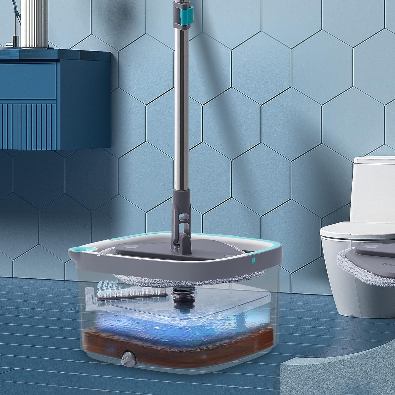 True & Tidy True Clean Mop and Bucket System, Includes Square Spin Mop, Dual Compartment Mop Bucket and 2 Thick Machine Washable Mop Pads (Spin Mop) - Image 5