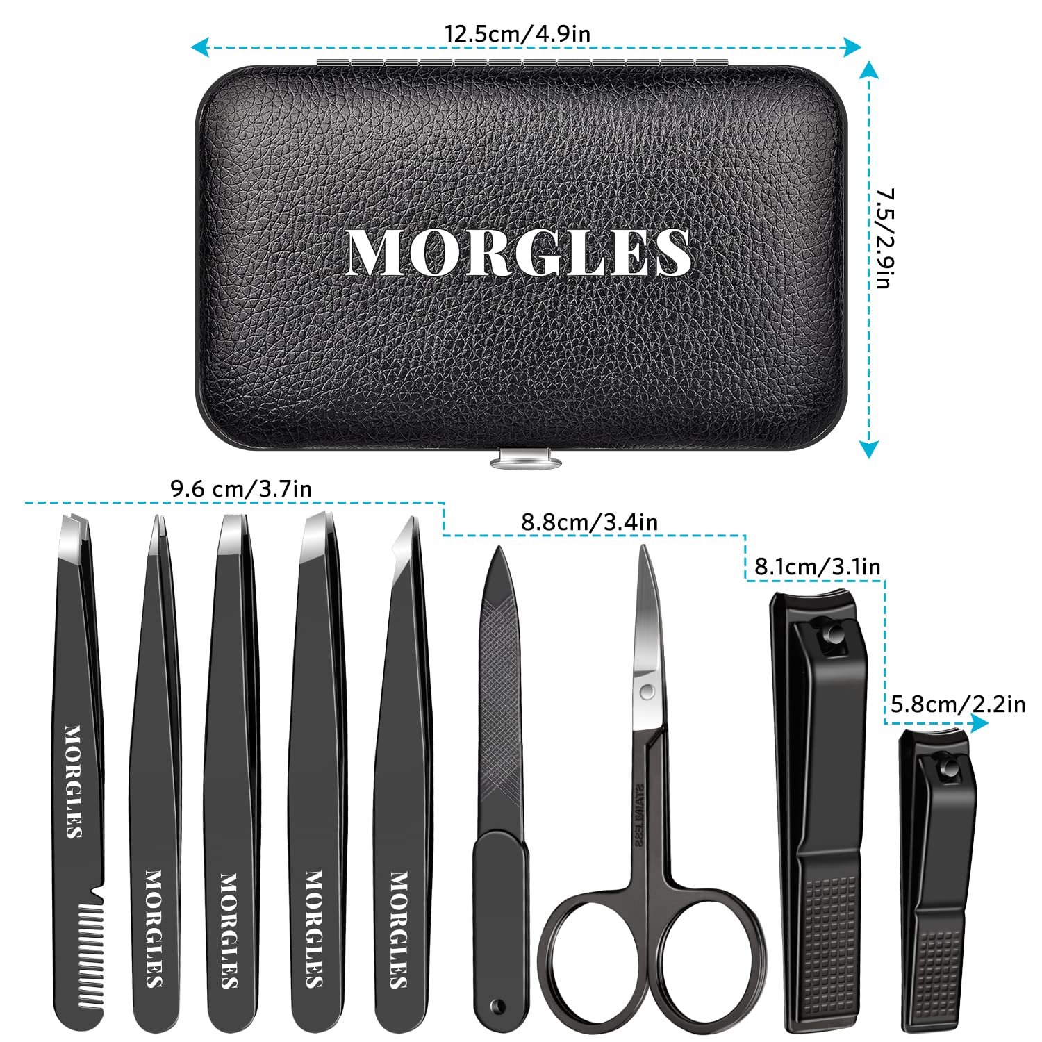 MORGLES Tweezers Set and Nail Clippers, 9 Pcs Stainless Steel Tweezers Kit for Men Professional Manicure Set for Men Grooming Kit with Leather Travel Case - Image 6