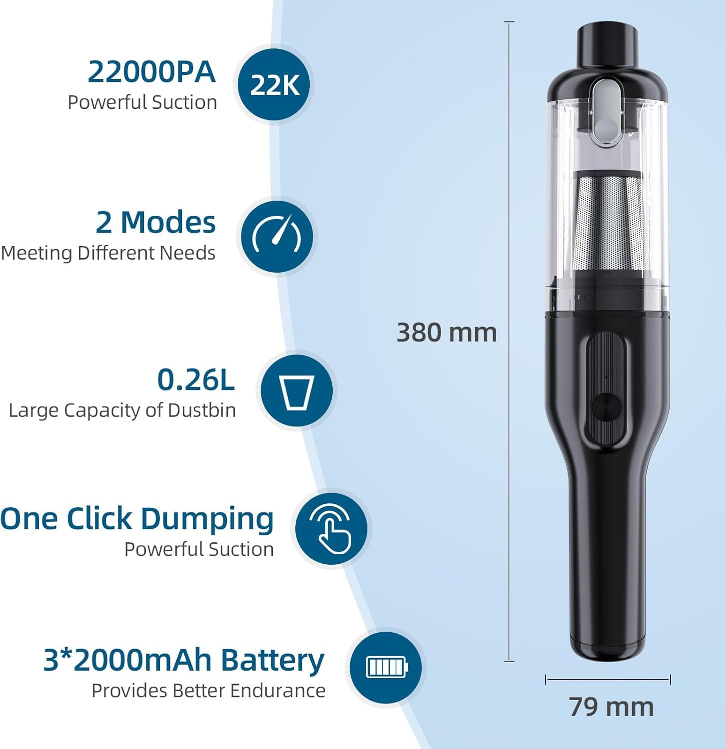 22000Pa Car Vacuum Cleaner, Low Noise Hand Vacuum Cordless Rechargeable, 2 Modes Vacuum for Car Handheld Car Vacuum Portable Cordless with Cleaning Gel - Image 6