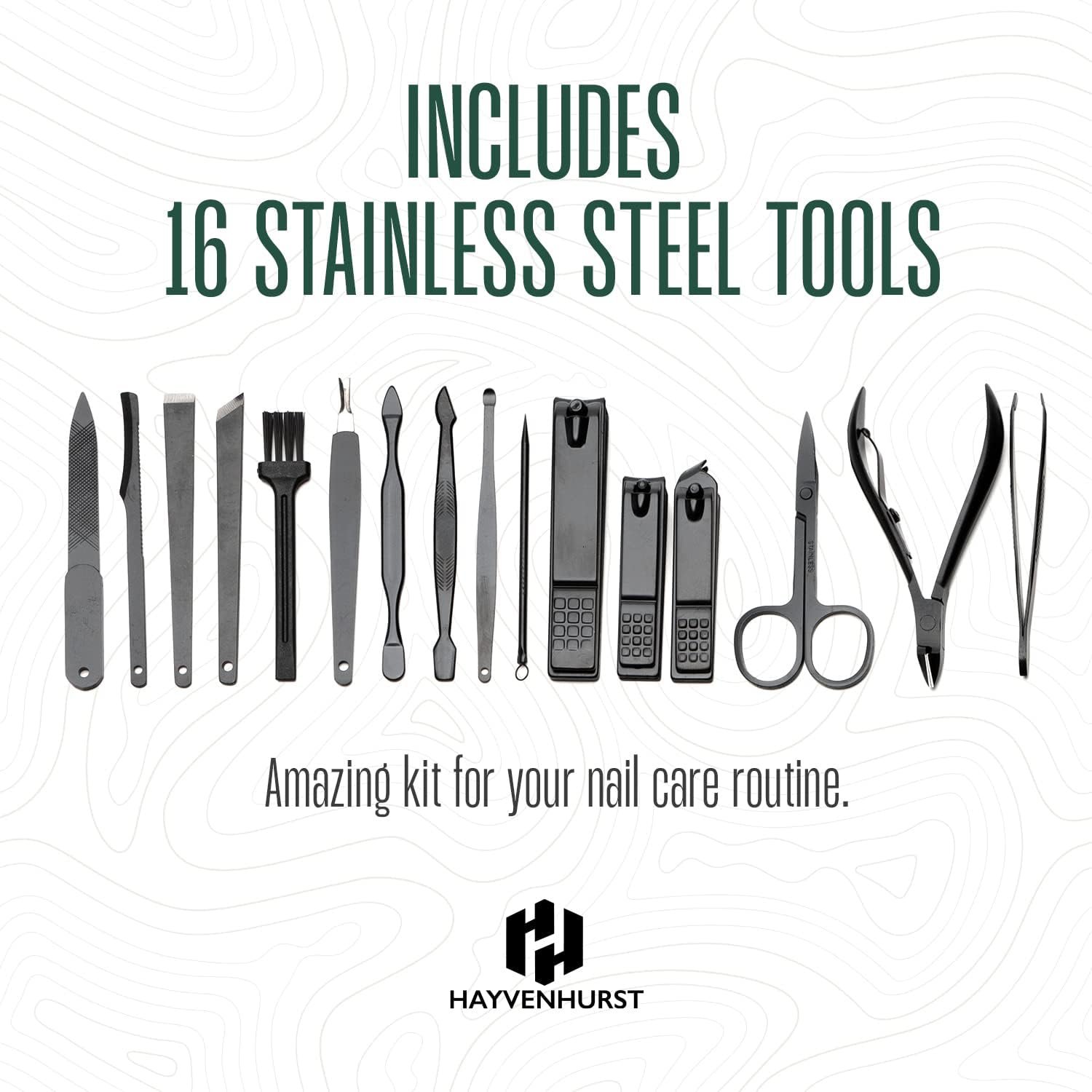 Nail Kit - Nail Clipper Set - Manicure Set -16 Stainless Steel Pieces Manicure Kit For Men’s - Pedicure Kit For Men - Mens Grooming Kit With Brown Leather portable Case by Hayvenhurst - Image 3