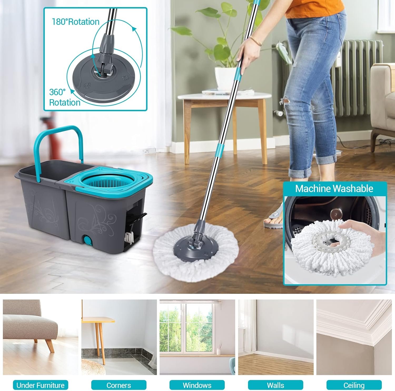 Mastertop Spin Mop and Bucket with Wringer Set, Stackable Microfiber Mop Bucket Floor Cleaning System, Wet & Dry Mops with 6 Replacement Refills for Hardwood, Laminate, Tile - Image 8