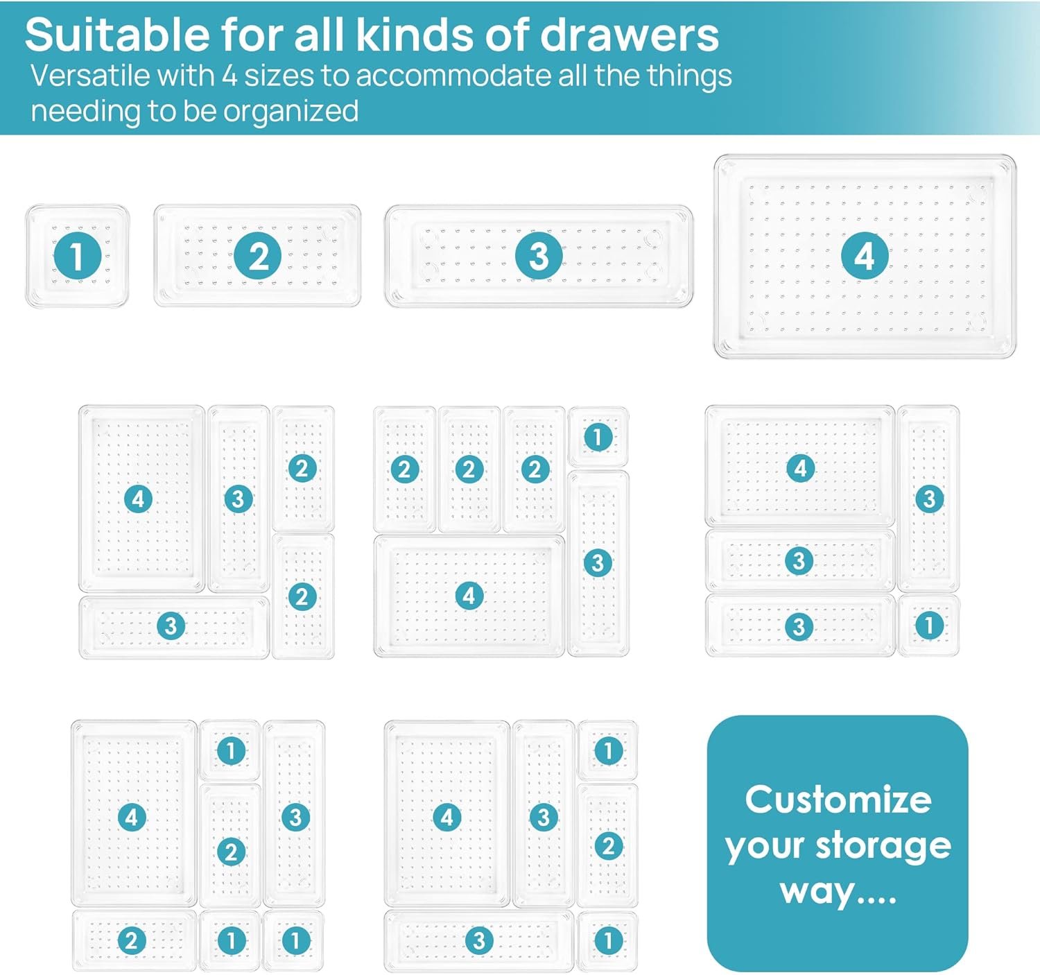 Vtopmart 25 PCS Clear Plastic Drawer Organizers Set, 4-Size Versatile Bathroom and Vanity Drawer Organizer Trays, Storage Bins for Makeup, Bedroom, Kitchen Gadgets Utensils and Office - Image 8