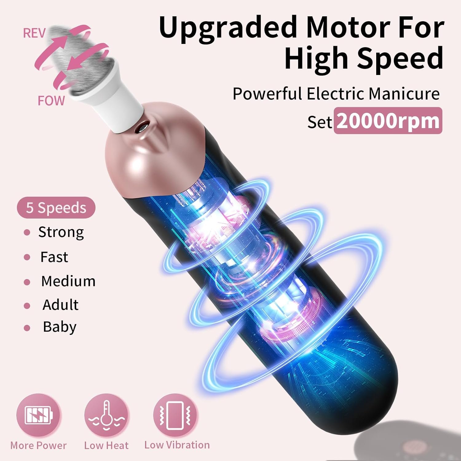 Professional Manicure Pedicure Kit, Cordless Electric Nail File Set, Rechargeable Pedicure Tools for feet, 5 Speeds Hand Foot Care Nail Drill for Thick Nail Toenail Cuticle Women Men Baby Pets - Image 3