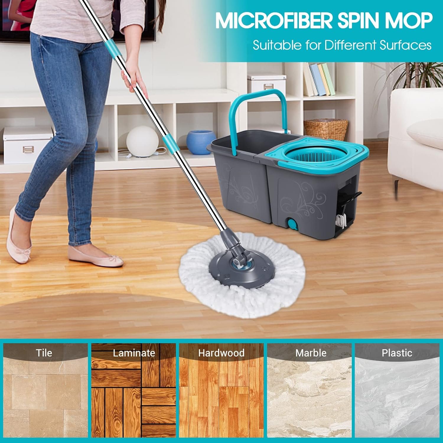 Mastertop Spin Mop and Bucket with Wringer Set, Stackable Microfiber Mop Bucket Floor Cleaning System, Wet & Dry Mops with 6 Replacement Refills for Hardwood, Laminate, Tile - Image 7