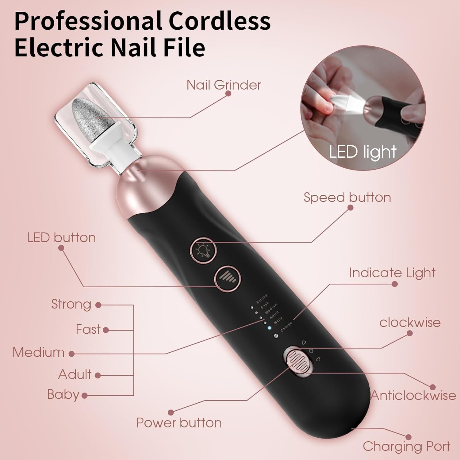 Professional Manicure Pedicure Kit, Cordless Electric Nail File Set, Rechargeable Pedicure Tools for feet, 5 Speeds Hand Foot Care Nail Drill for Thick Nail Toenail Cuticle Women Men Baby Pets - Image 9