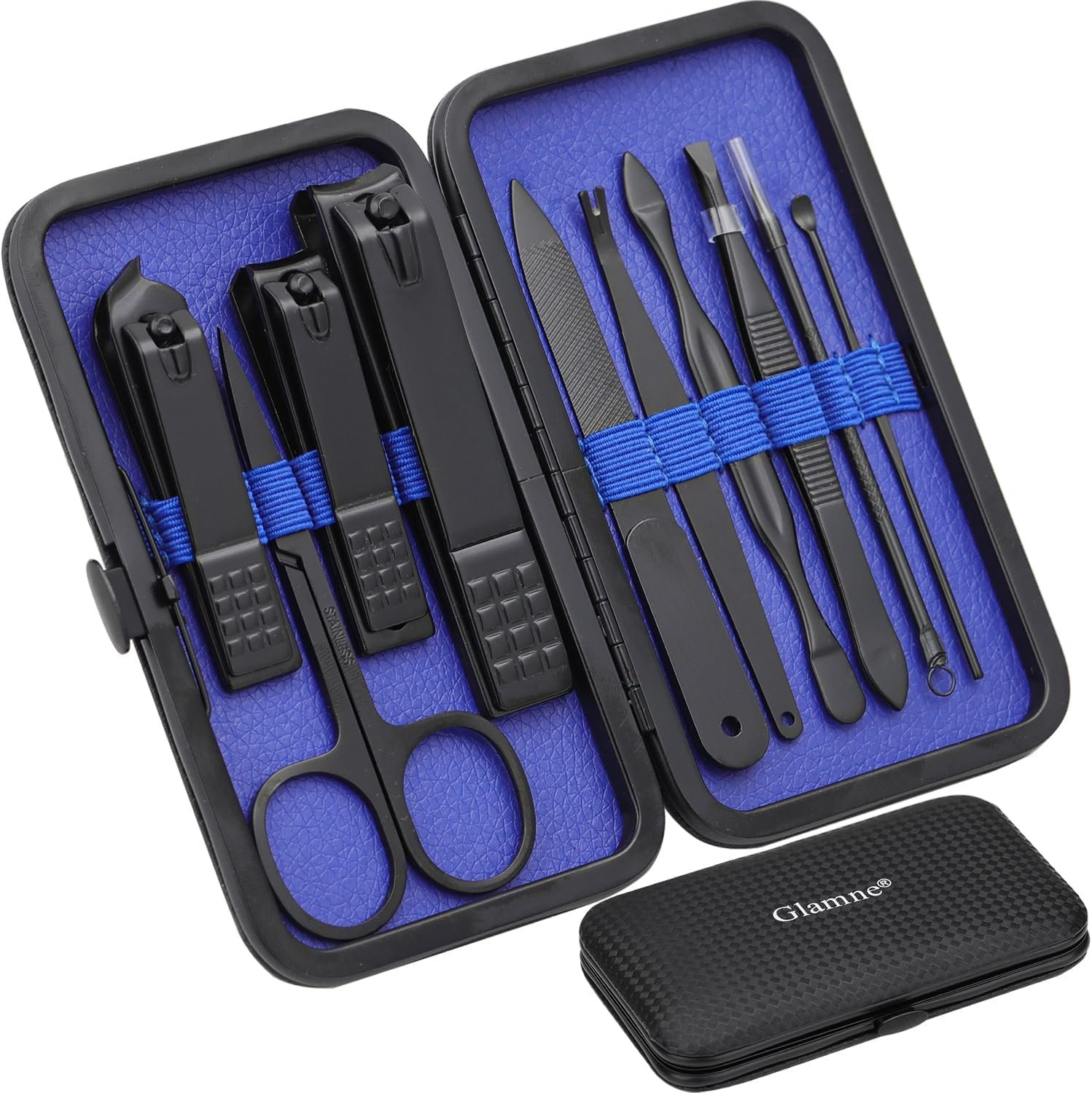 Manicure Set Nail Clippers Kit Professional Stainless Steel Nail Care Tools with Leather Travel Case 10 in 1 Blue - Image 2